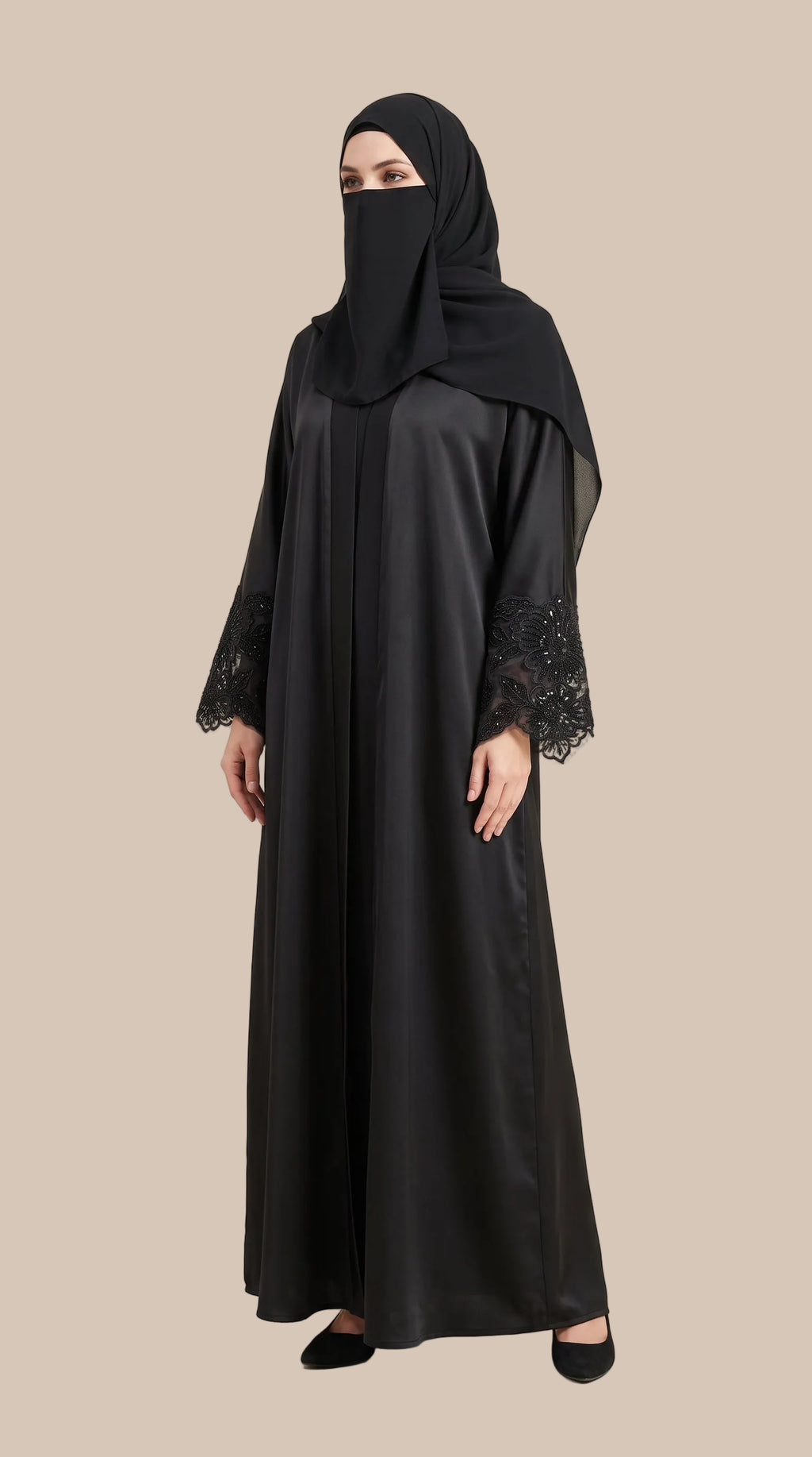 Front-Open Black Leaf & Flower Stonework Embroidery Abaya | Premium Nida Black Stonework Embroidered Abaya