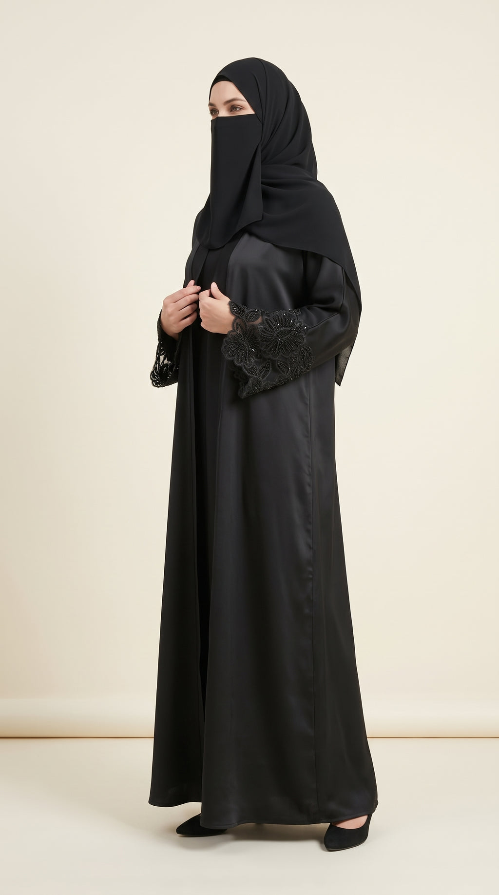 Front-Open Black Leaf & Flower Stonework Embroidery Abaya | Premium Nida Black Stonework Embroidered Abaya