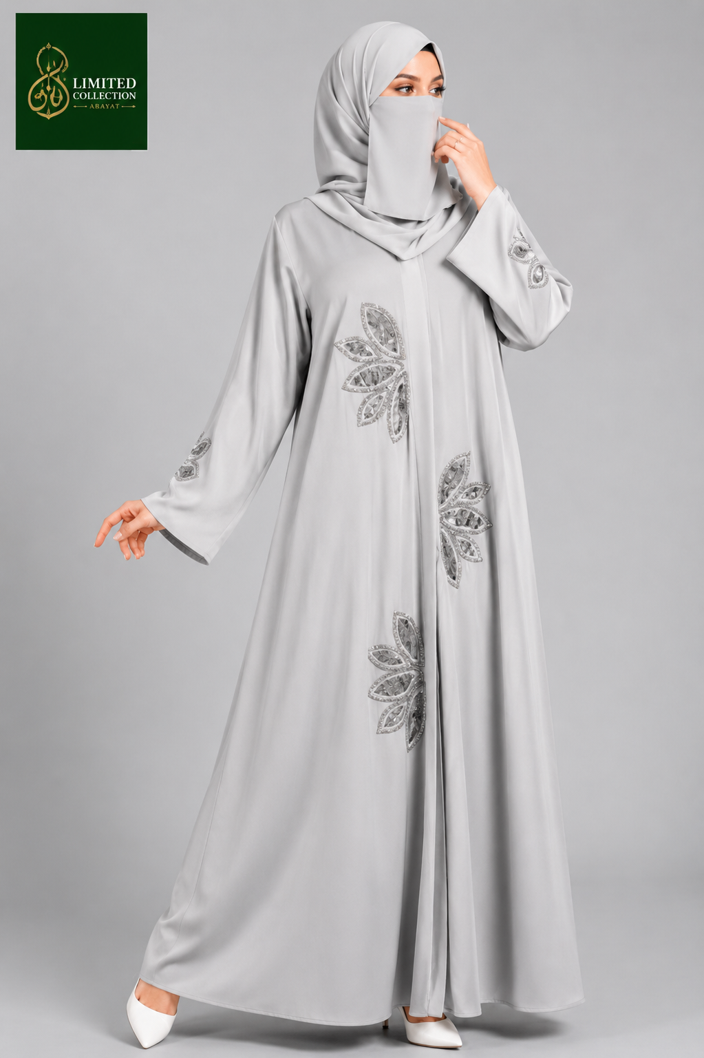 Front-Open  Petal Cascade Cutdana Handwork Abaya | Premium Romantic Nida Handcrafted Cutdana Abaya