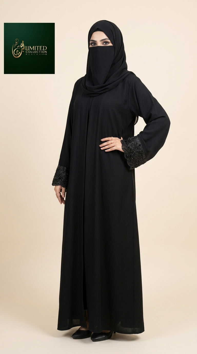 Front-Open Floral Cuff Cutdana Handwork Abaya | Premium Nida Handcrafted Cutdana Abaya