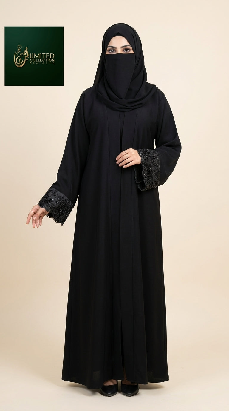 Front-Open Floral Cuff Cutdana Handwork Abaya | Premium Nida Handcrafted Cutdana Abaya