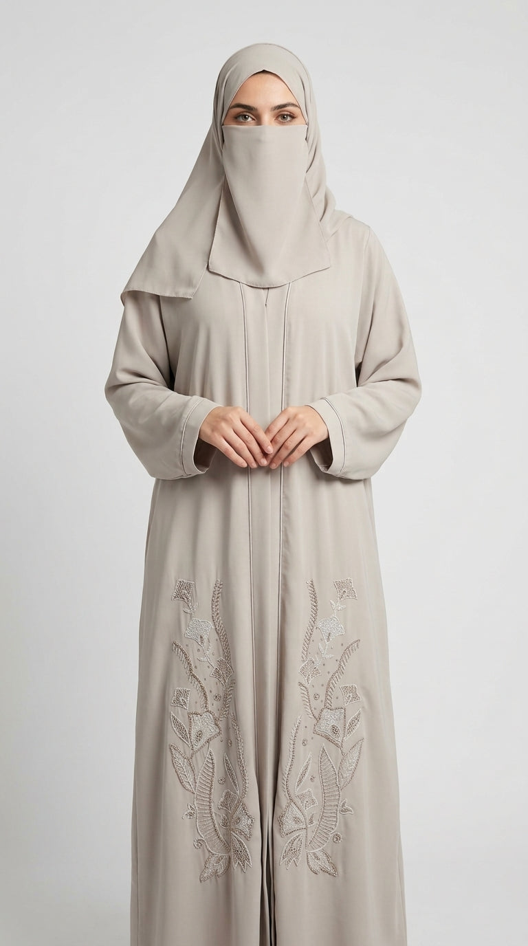 Front-Open Handcrafted Fern Cutdana Abaya | Premium Romantic Nida Cutdana Handwork Colored Abayas