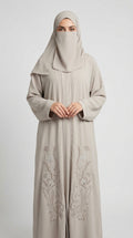 Front-Open Handcrafted Fern Cutdana Abaya | Premium Romantic Nida Cutdana Handwork Colored Abayas