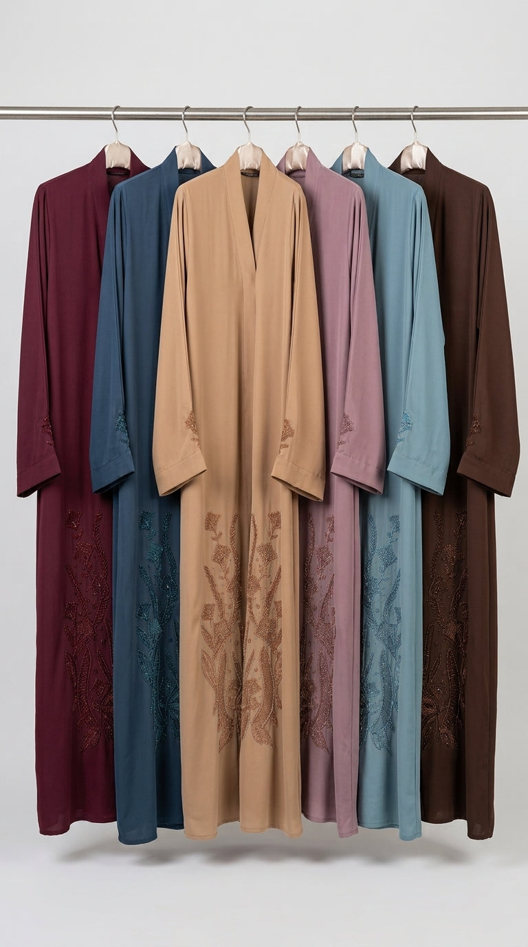 Front-Open Handcrafted Fern Cutdana Abaya | Premium Romantic Nida Cutdana Handwork Colored Abayas