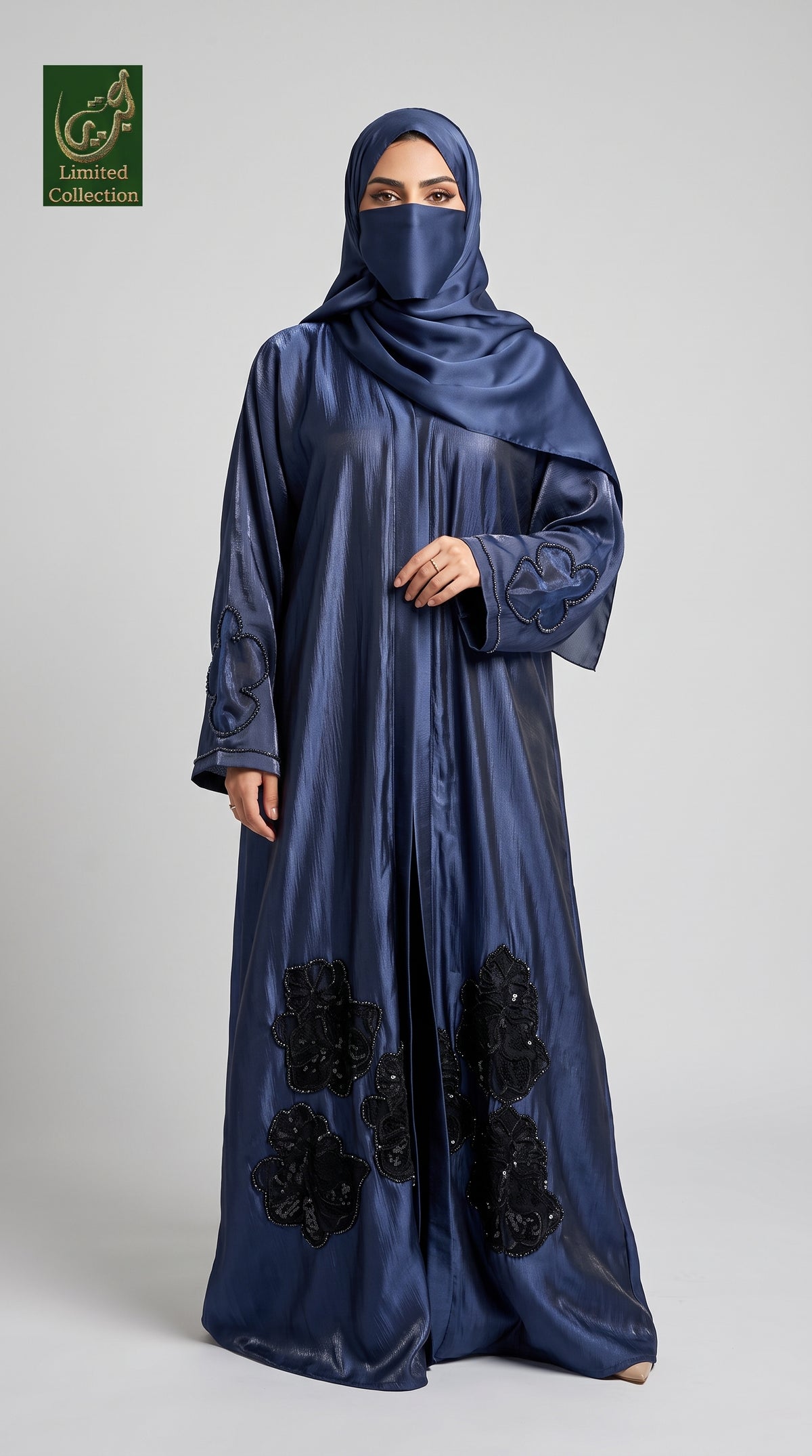 Front-Open Handmade Embellishment Abaya | Premium Romantic Nida Floral Handcrafted Cutdana Abaya
