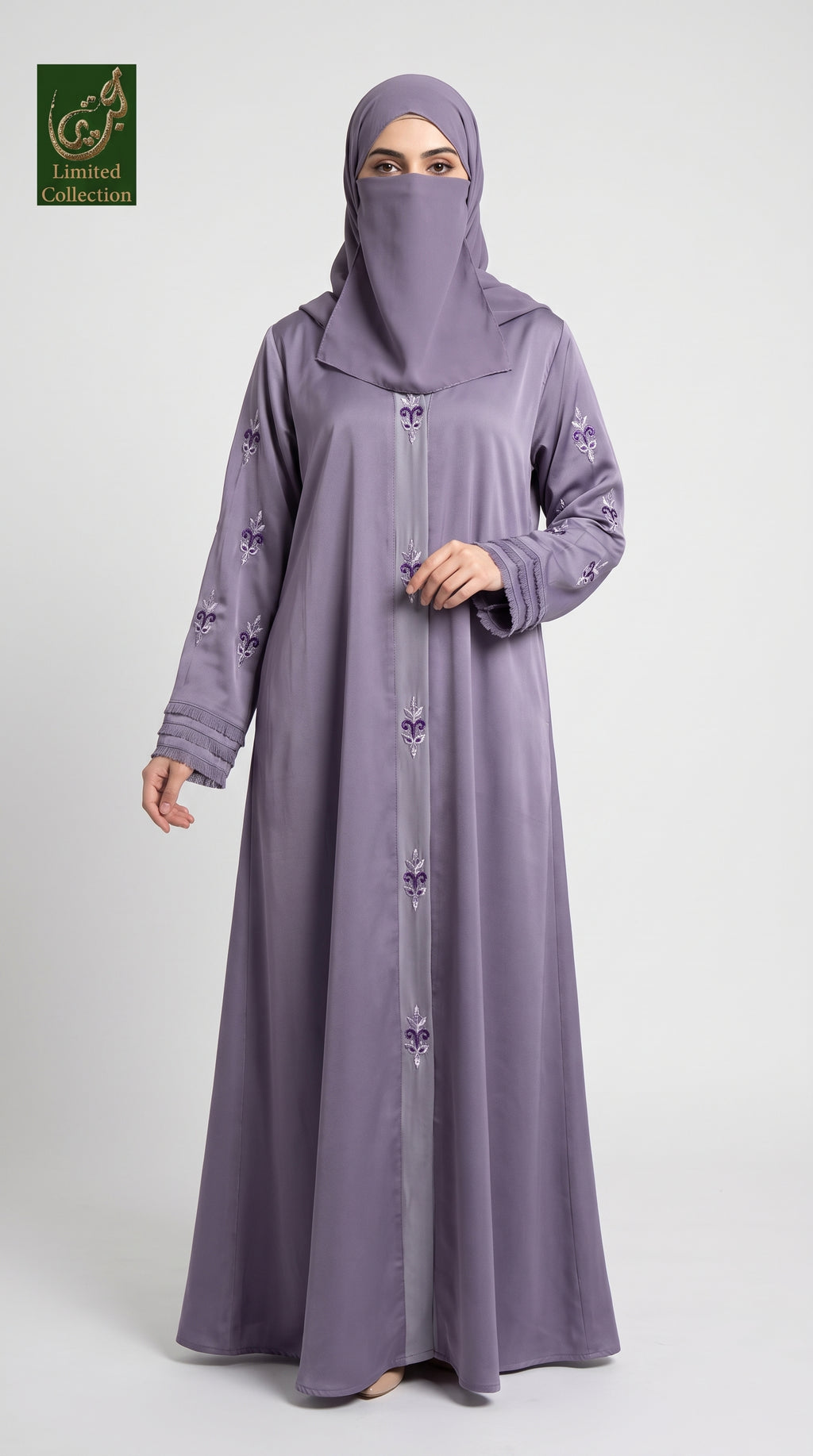 Front-Open Cutdana Fleur-De-Lis Motif Abaya | Premium Romantic Nida Cutdana Handwork Abaya