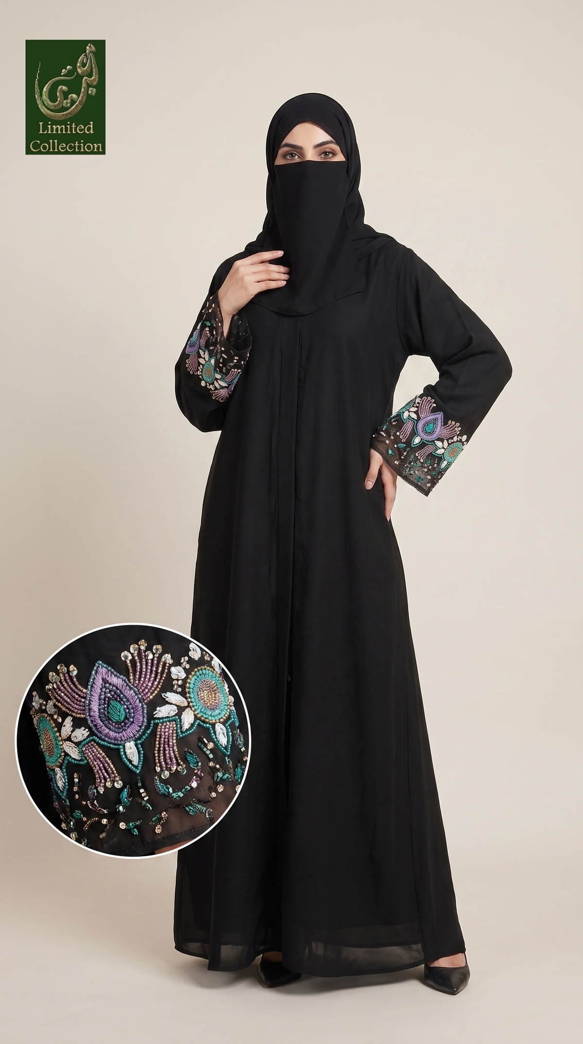 A woman modeling a black abaya with a matching black hijab, featuring colorful embroidered floral details on the sleeves. A circular inset shows a close-up of the sleeve embroidery, and a 'ABAYAT Limited Collection' logo is visible in the top left corner.