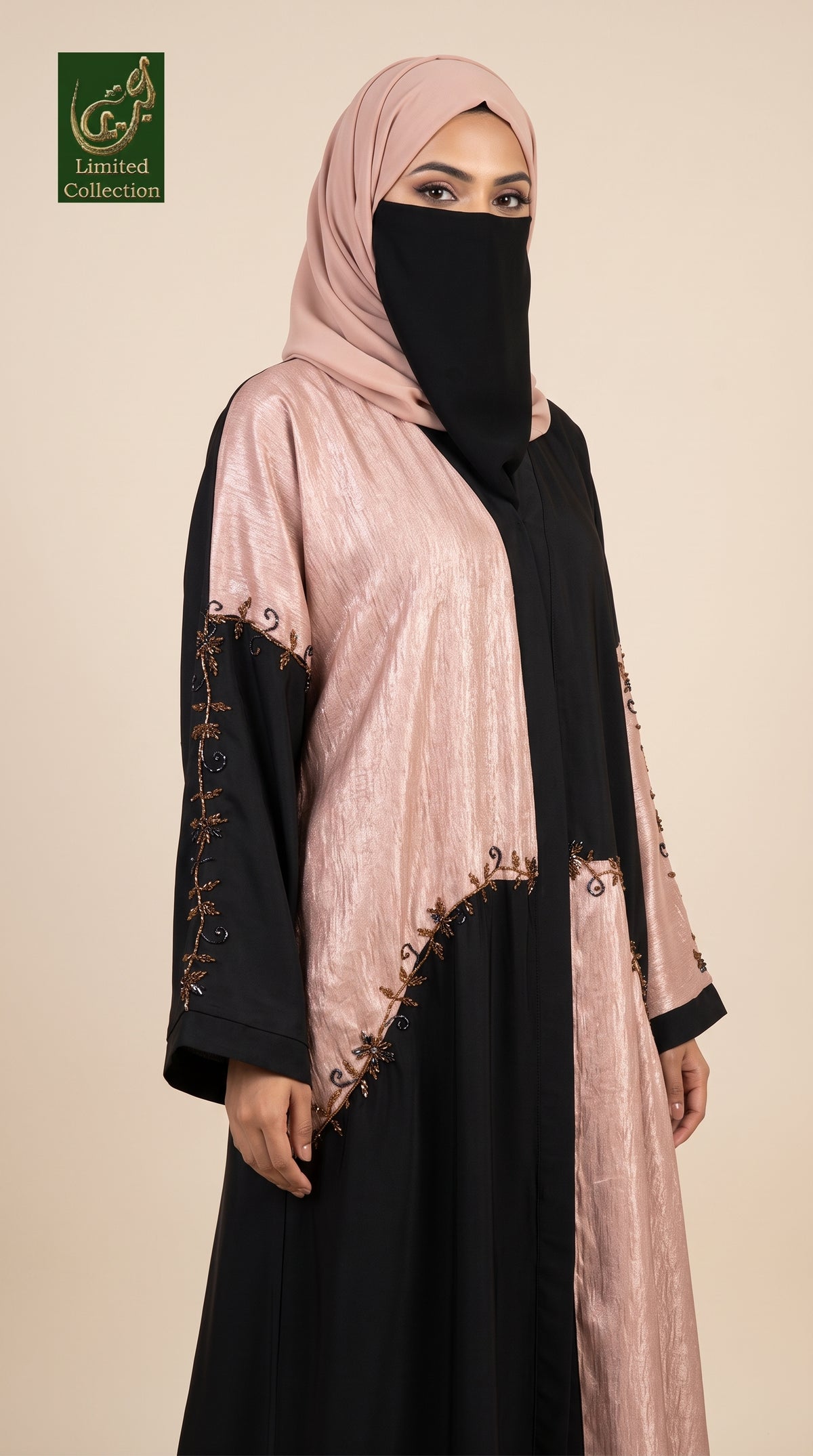 Front-Open Contrast Panel Handwork Embellished Abaya | Premium Hareer Maqsood+Nida Handcrafted Cutdana Abaya