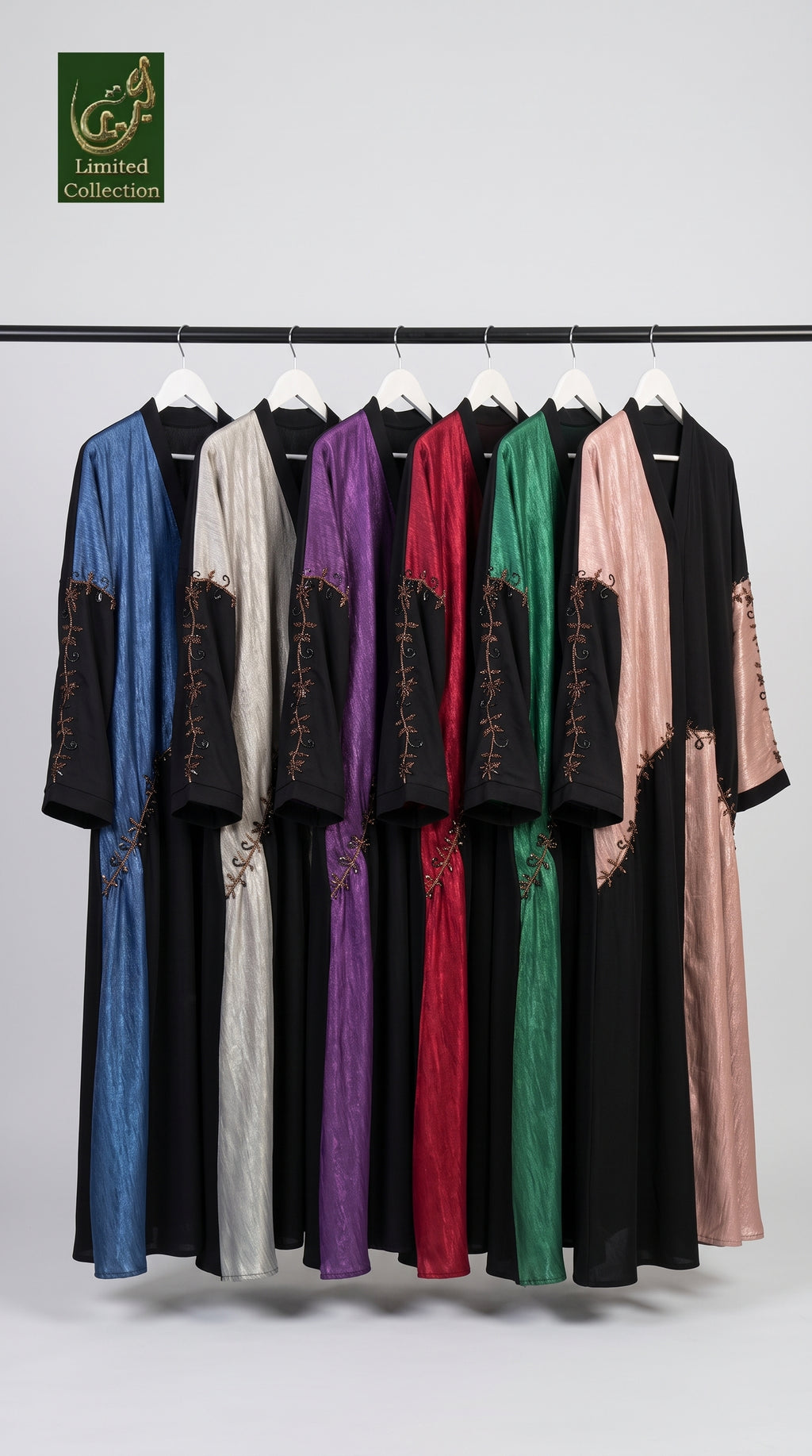 Front-Open Contrast Panel Handwork Embellished Abaya | Premium Hareer Maqsood+Nida Handcrafted Cutdana Abaya