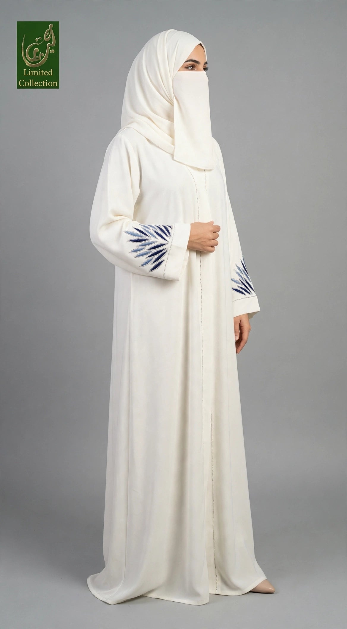 Front-Open White Abaya with Stonework Embroidered Cuffs & Scarf | Premium Nida White Embroidered Stonework Abaya