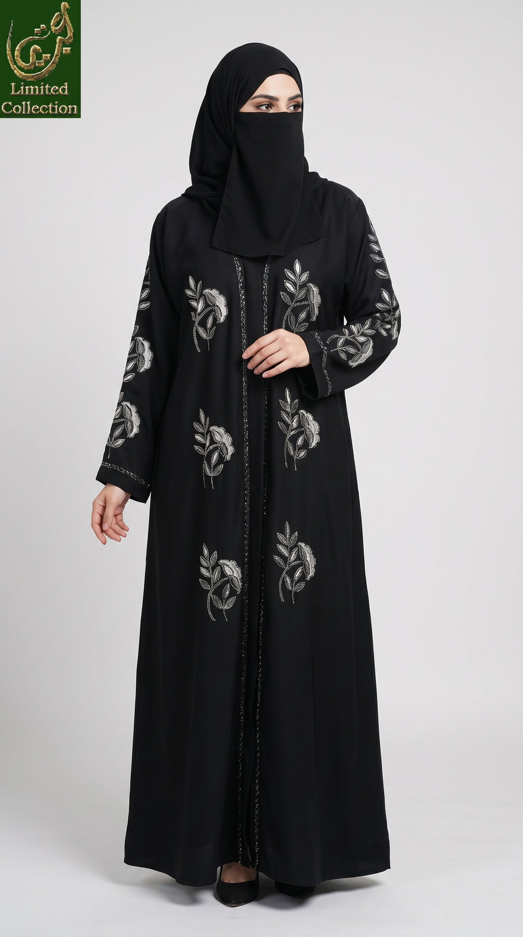 Front-Open Silver Bloom Embroidered Stonework Black Abaya | Premium Romantic Nida Stone-Studded Embroidery Abaya