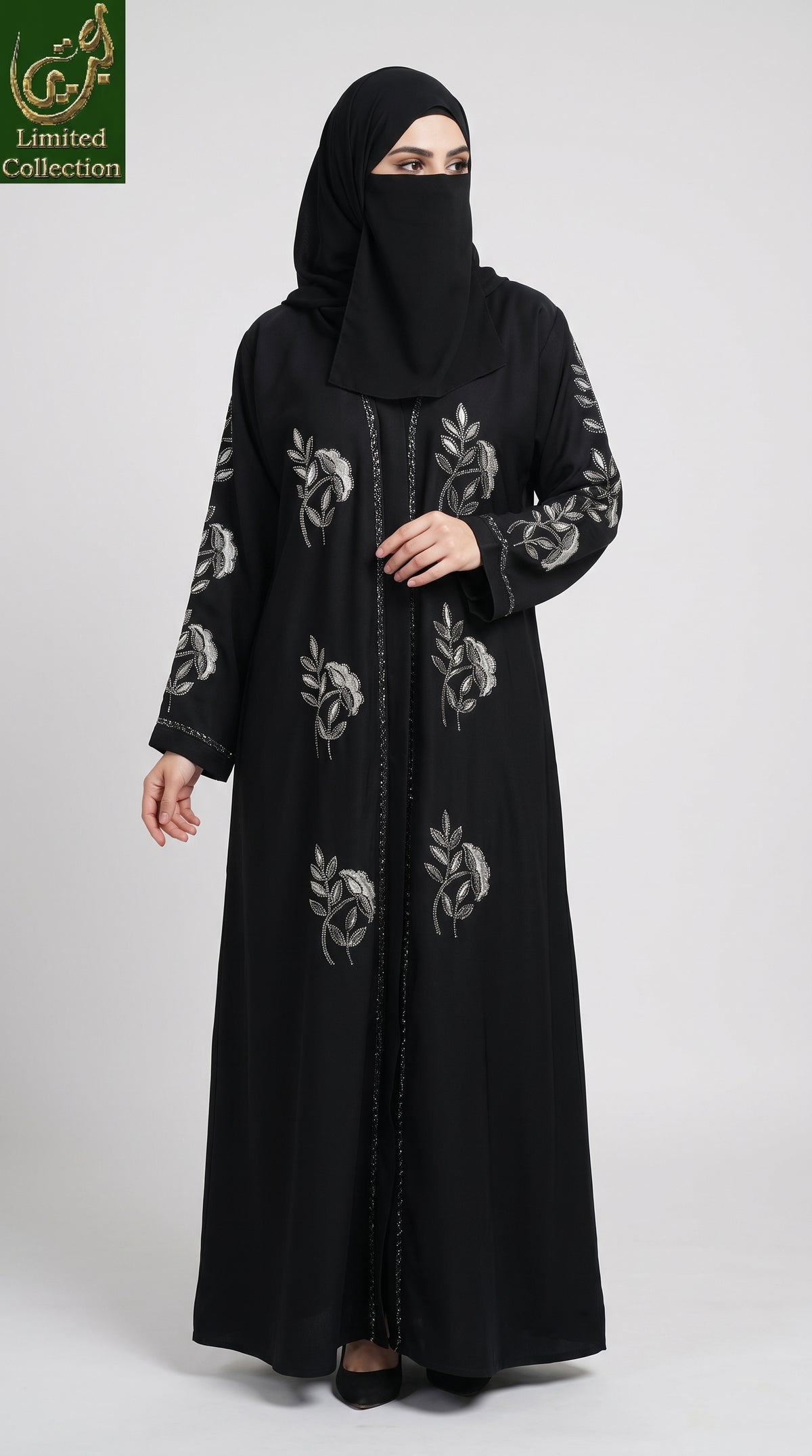 Front-Open Silver Bloom Embroidered Stonework Black Abaya | Premium Romantic Nida Stone-Studded Embroidery Abaya