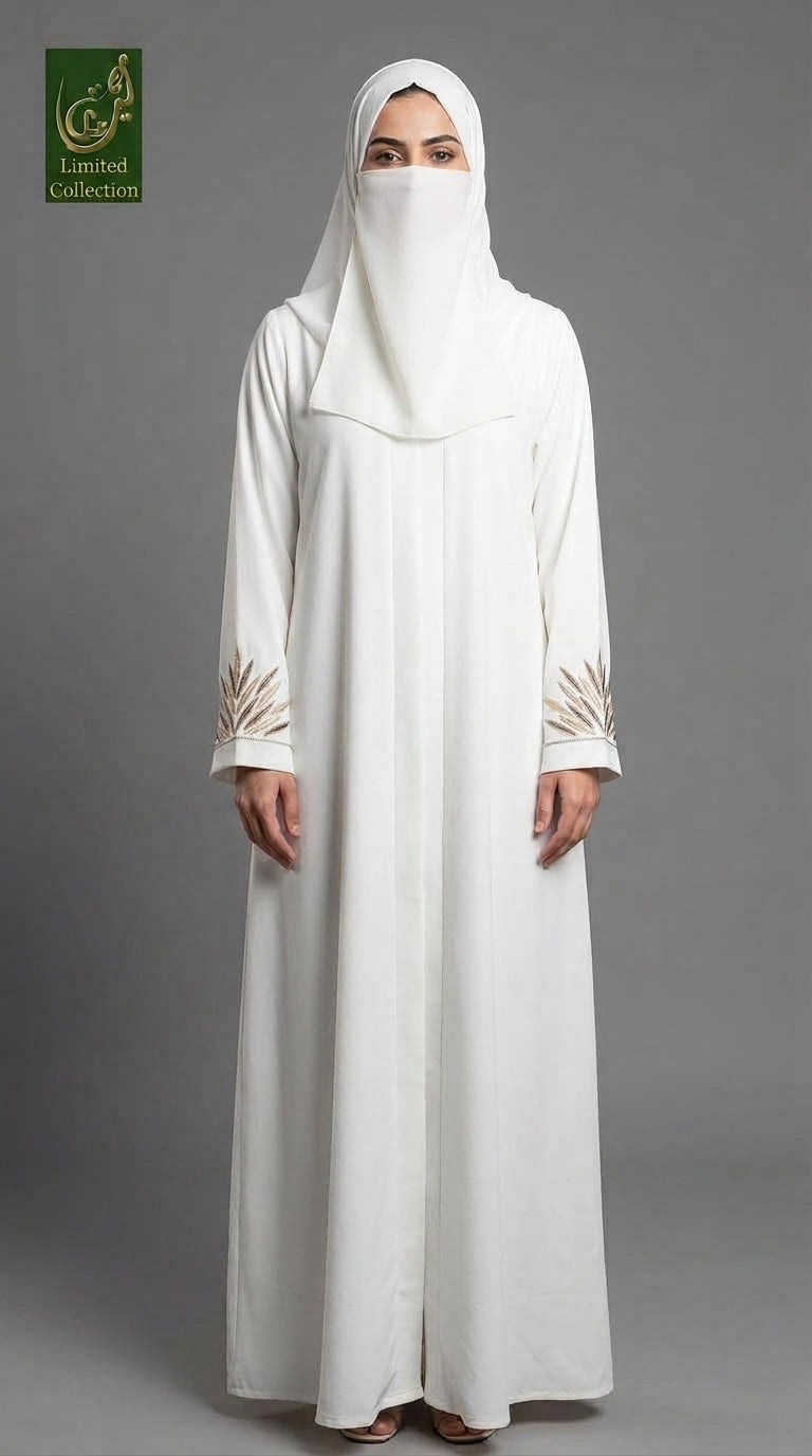 Front-Open Abaya with Starburst Stonework Embroidery & Scarf  | Premium Nida Embroidered Stonework Abaya