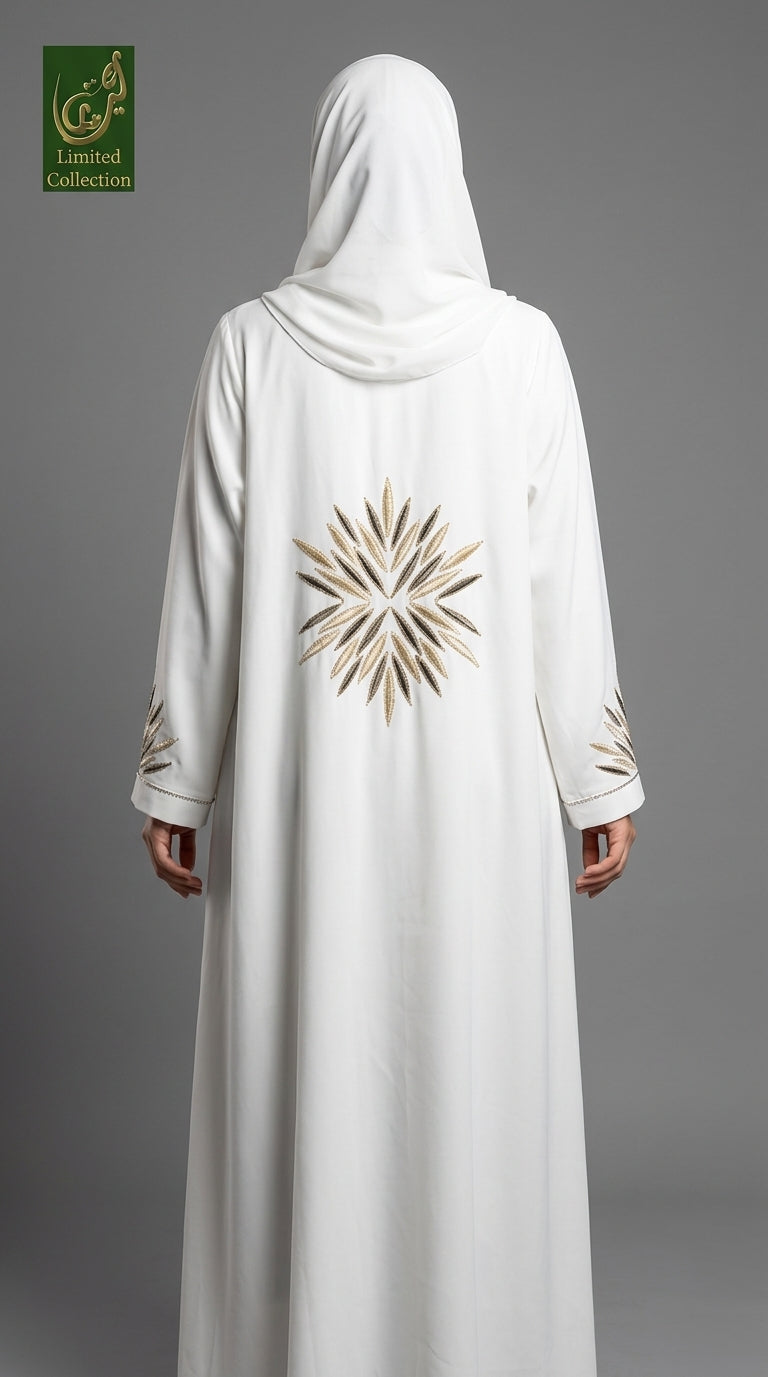 Front-Open Abaya with Starburst Stonework Embroidery & Scarf  | Premium Nida Embroidered Stonework Abaya