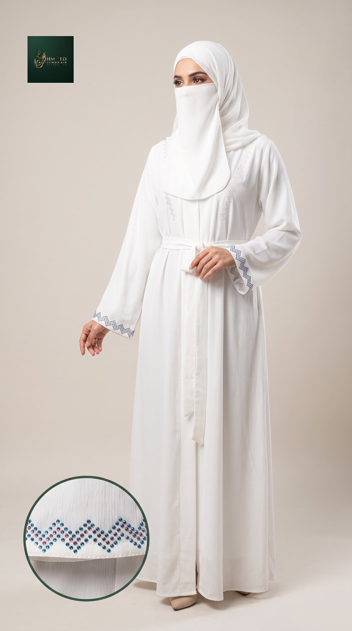 Front-Open Zigzag Stonework Abaya with Belt | Premium Romantic Nida Stone-Studded Abaya