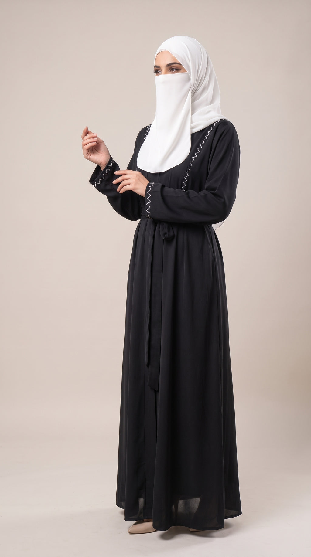 Front-Open Zigzag Stonework Abaya with Belt | Premium Romantic Nida Stone-Studded Abaya
