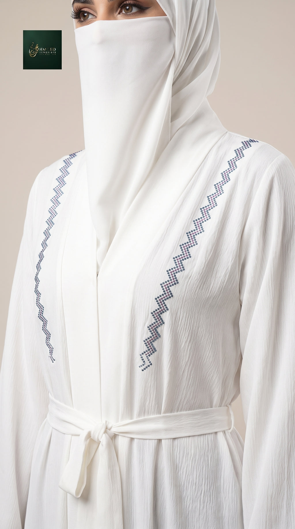 Front-Open Zigzag Stonework Abaya with Belt | Premium Romantic Nida Stone-Studded Abaya