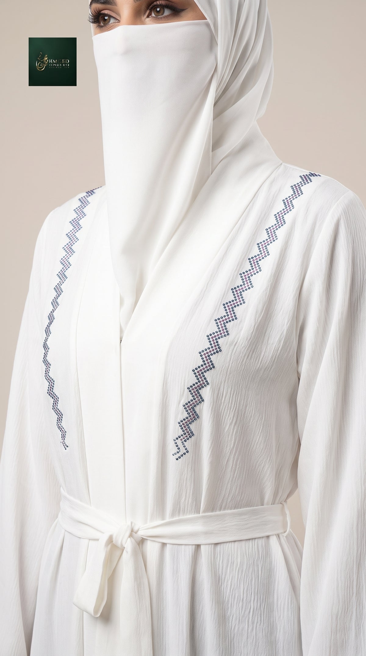 Front-Open Zigzag Stonework Abaya with Belt | Premium Romantic Nida Stone-Studded Abaya