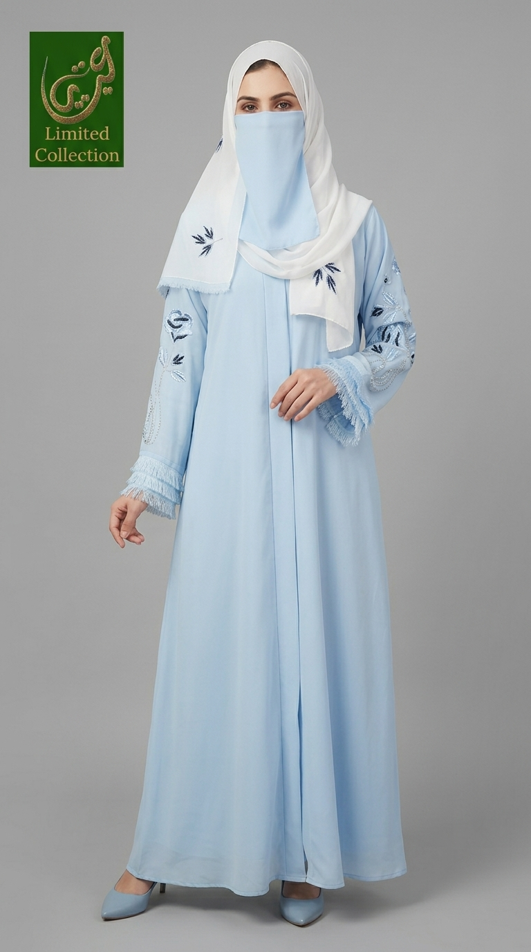 A woman modeling a light blue abaya dress with matching hijab and pointed shoes against a plain gray studio background. The abaya has embroidered details on the sleeves, and a green 'Limited Collection' logo is shown in the top-left corner.