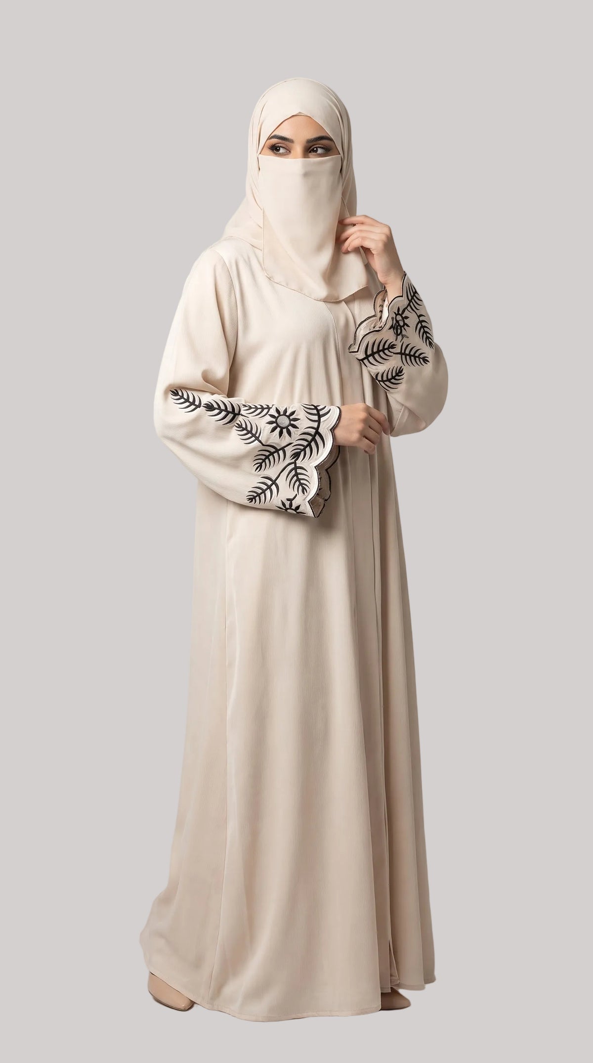 Front-Open Abaya with Floral Embroidered Sleeves | Premium Nida Colored Embroidery Abaya