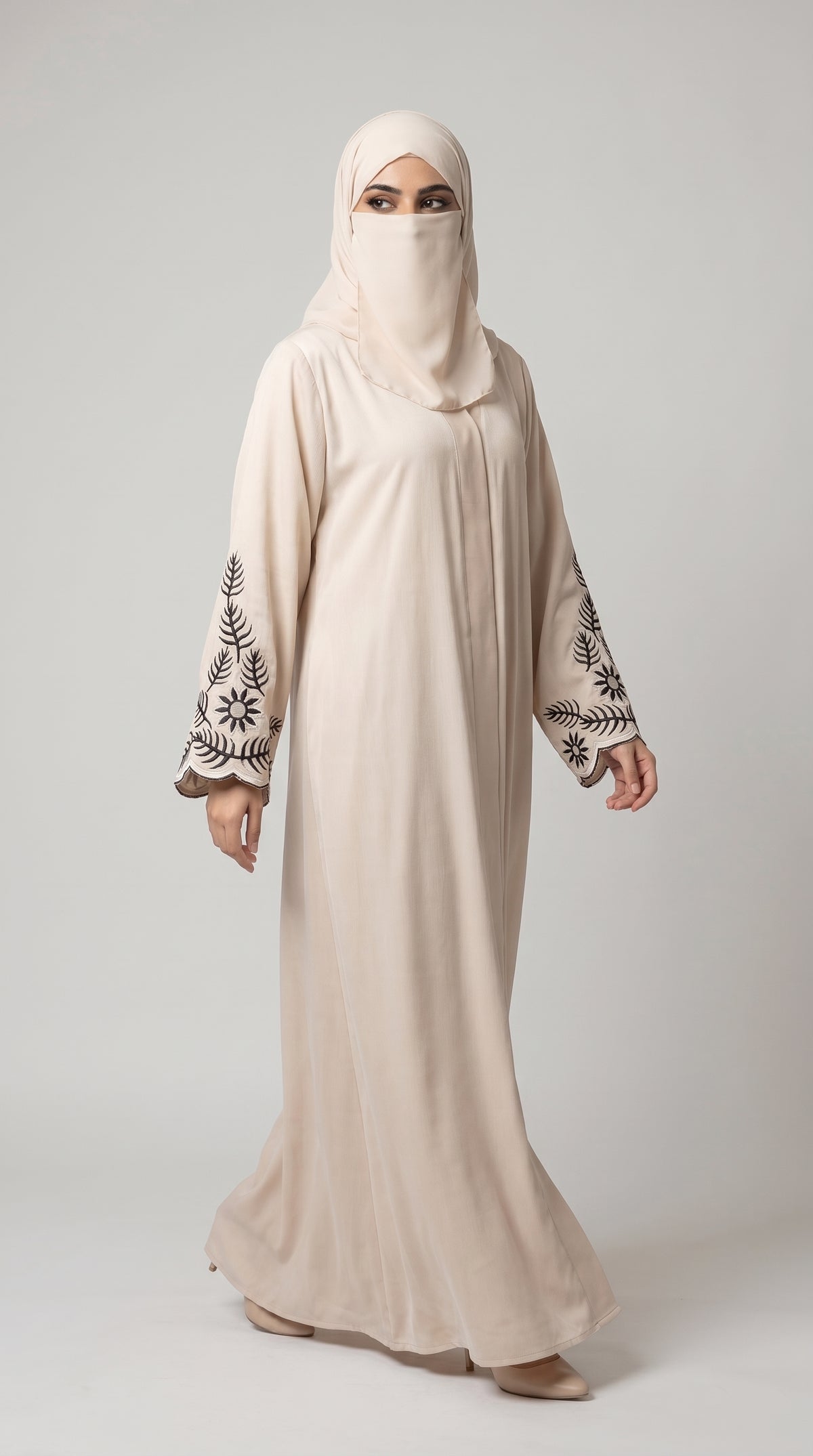 Front-Open Abaya with Floral Embroidered Sleeves | Premium Nida Colored Embroidery Abaya