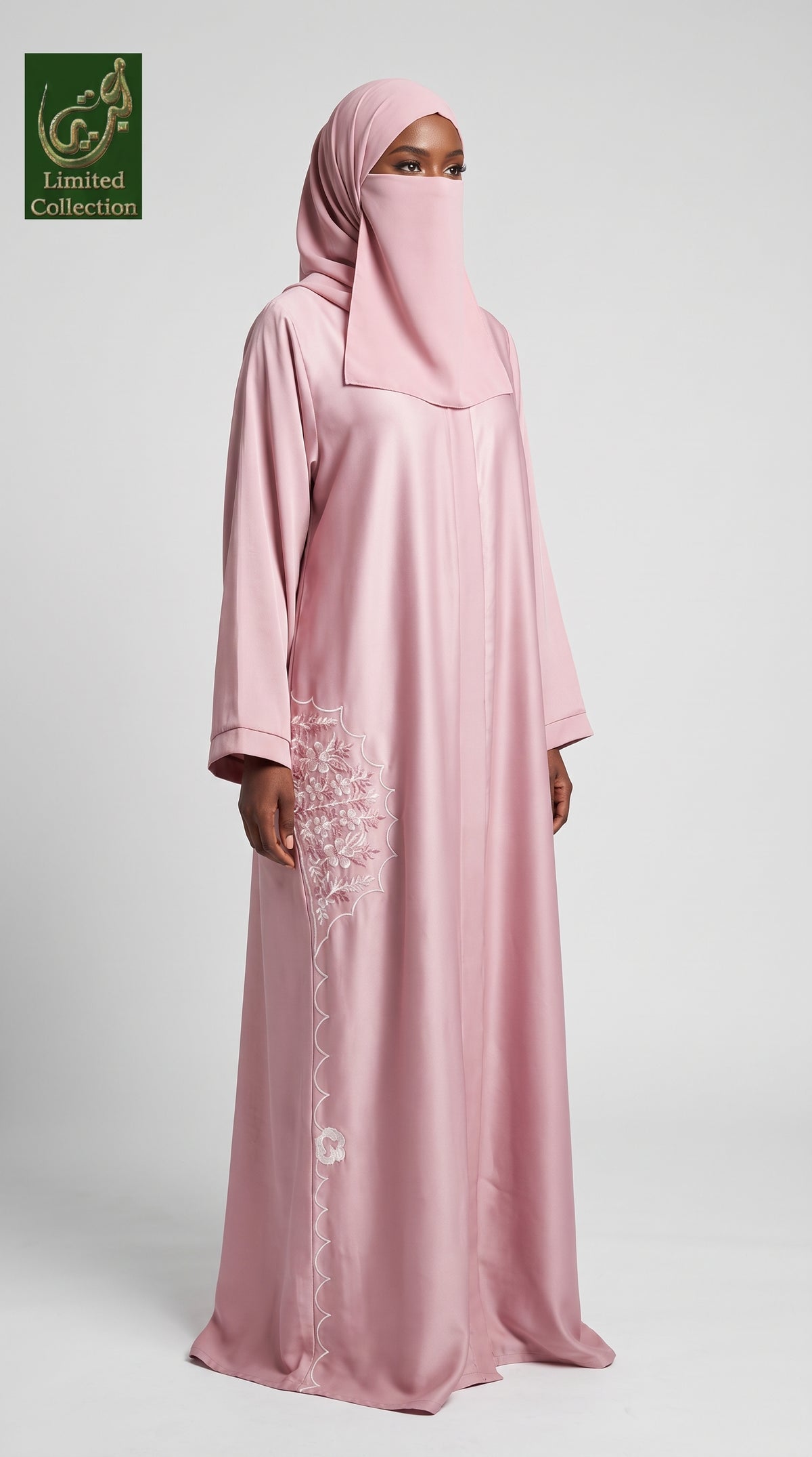 Front-Open Scalloped Floral Embroidery Abaya | Premium Romantic Nida Colored Floral Embroidered Abaya
