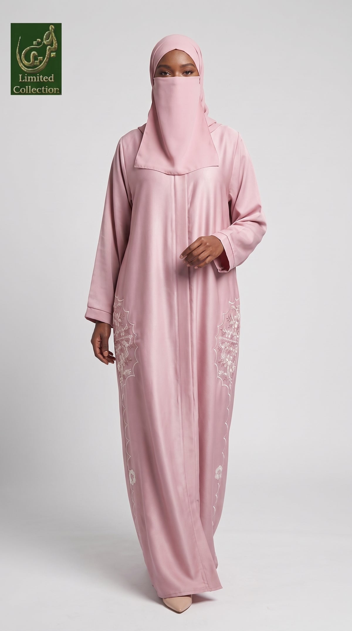 Front-Open Scalloped Floral Embroidery Abaya | Premium Romantic Nida Colored Floral Embroidered Abaya