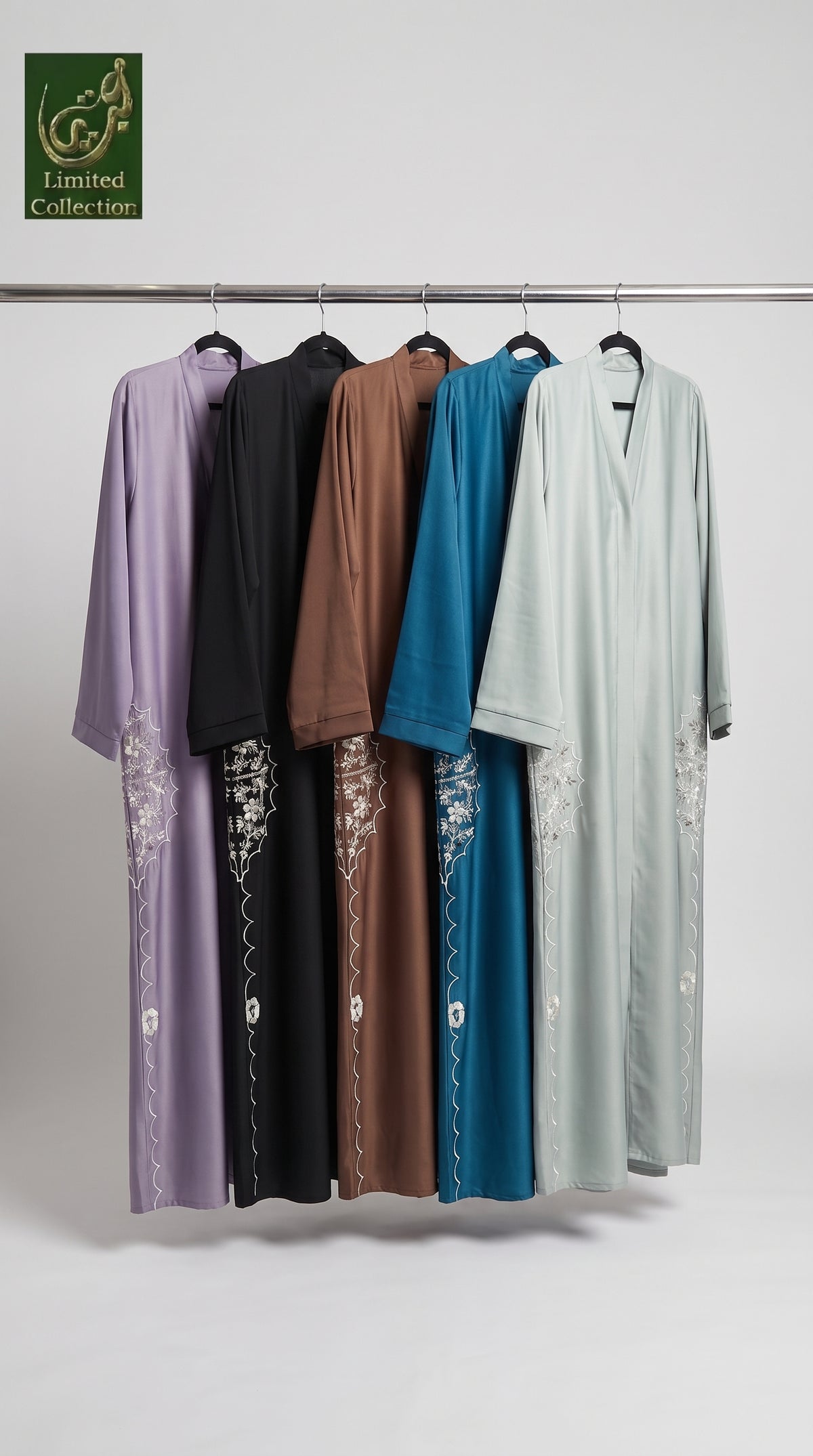 Front-Open Scalloped Floral Embroidery Abaya | Premium Romantic Nida Colored Floral Embroidered Abaya