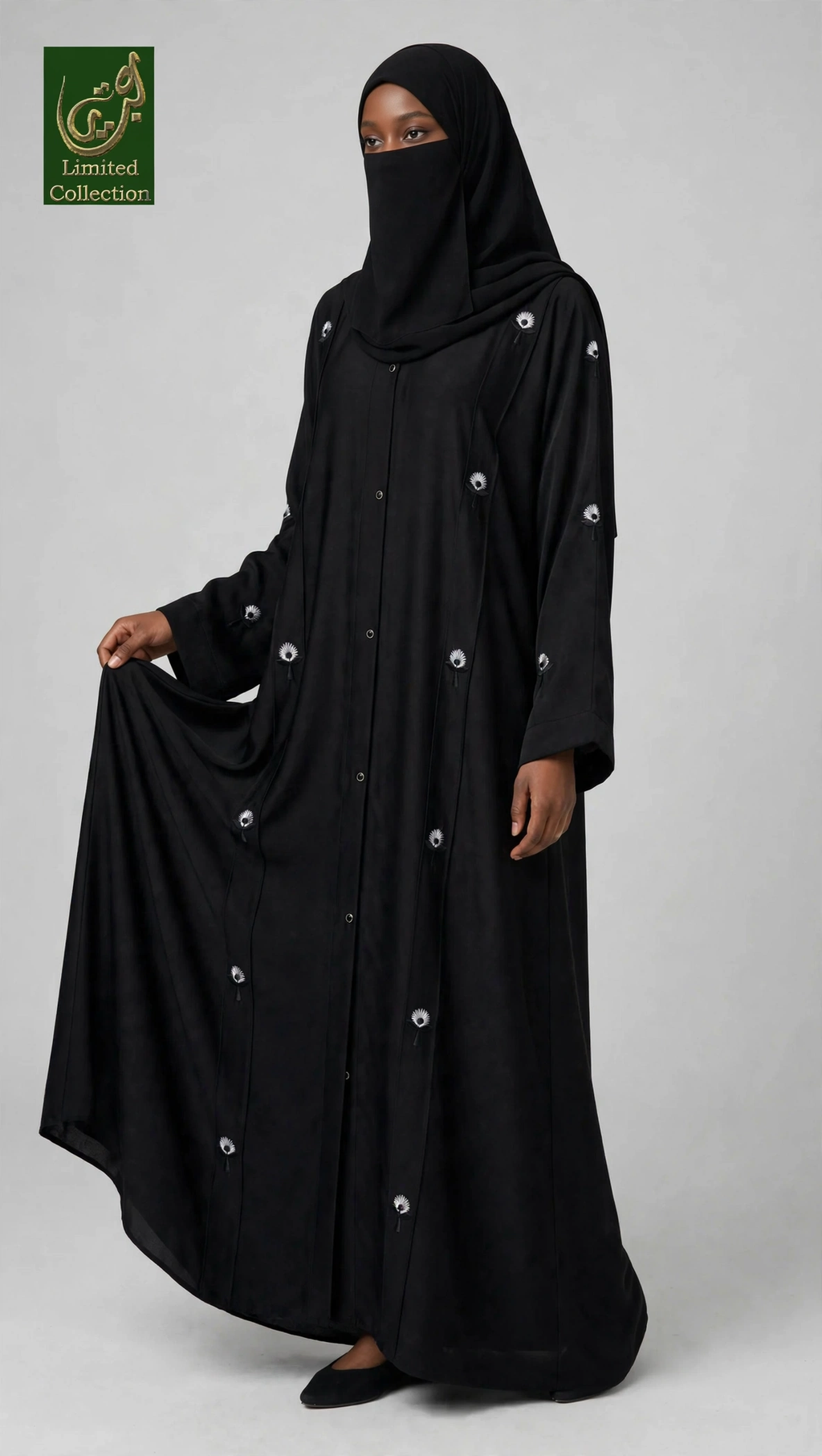 Front-Open Scattered Floral Embroidered Abaya | Premium Nida Colored Embroidery Abaya