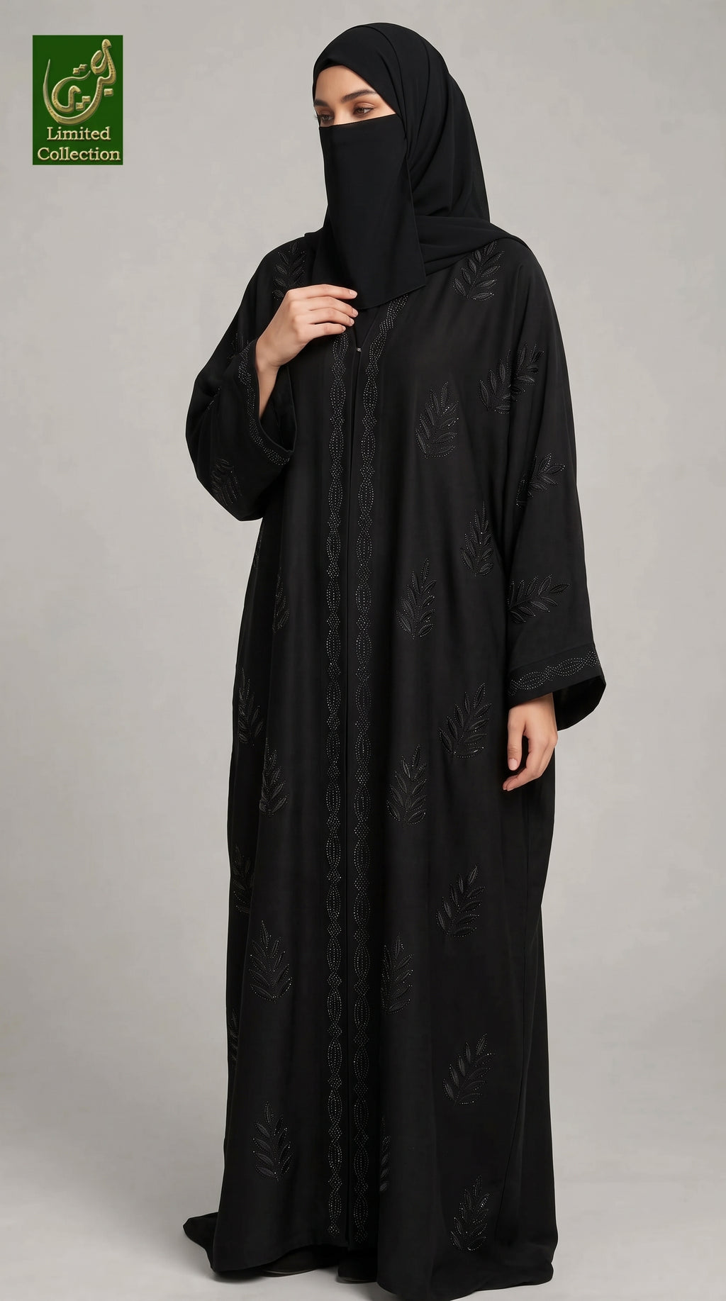 Front-Open Diamond Leaf Stonework Embroidered Black Abaya | Premium Romantic Nida Black Embroidery Stone-Embellished Abaya