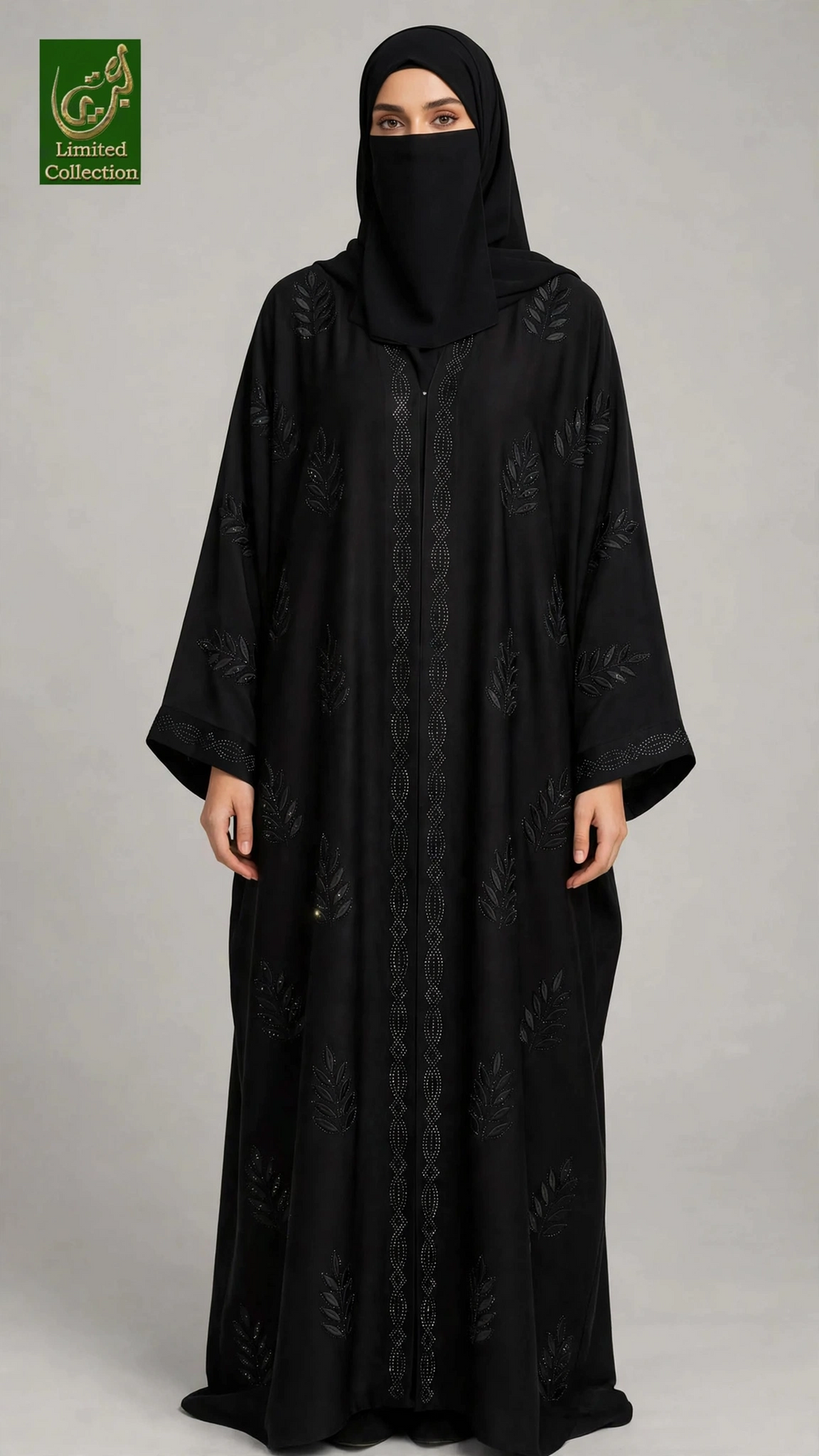 Front-Open Diamond Leaf Stonework Embroidered Black Abaya | Premium Romantic Nida Black Embroidery Stone-Embellished Abaya