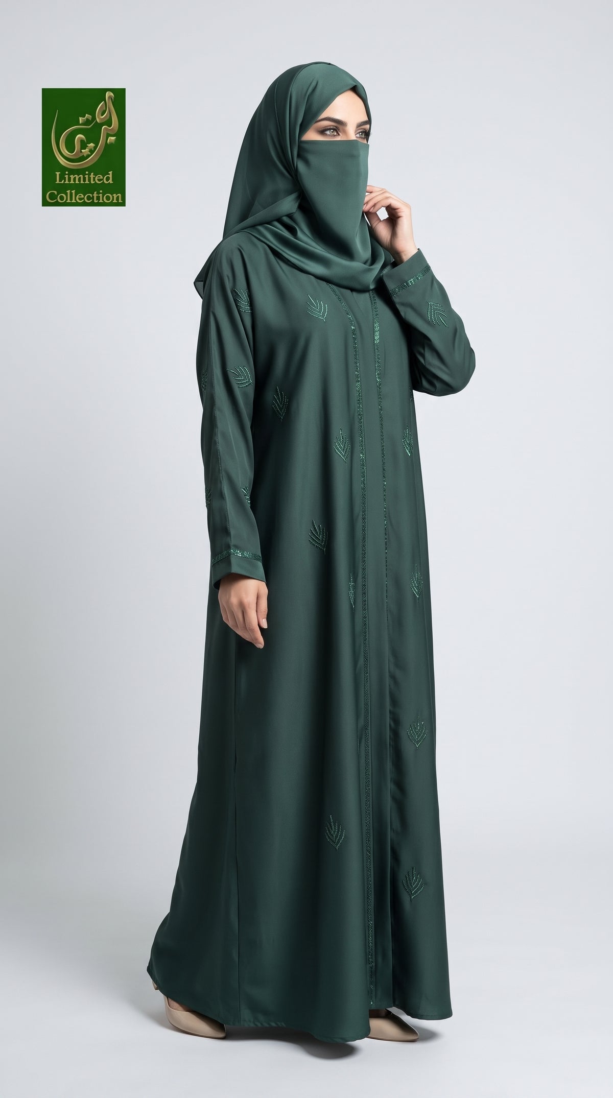 Front-Open Scattered Fern Stonework Embroidery Abaya | Premium Romantic Nida Colorful Embroidered Stone-Studded Abaya