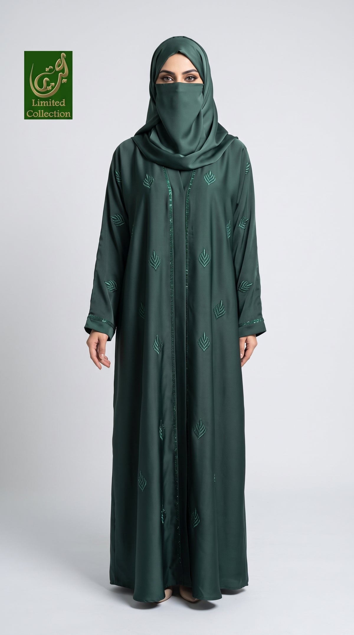 Front-Open Scattered Fern Stonework Embroidery Abaya | Premium Romantic Nida Colorful Embroidered Stone-Studded Abaya