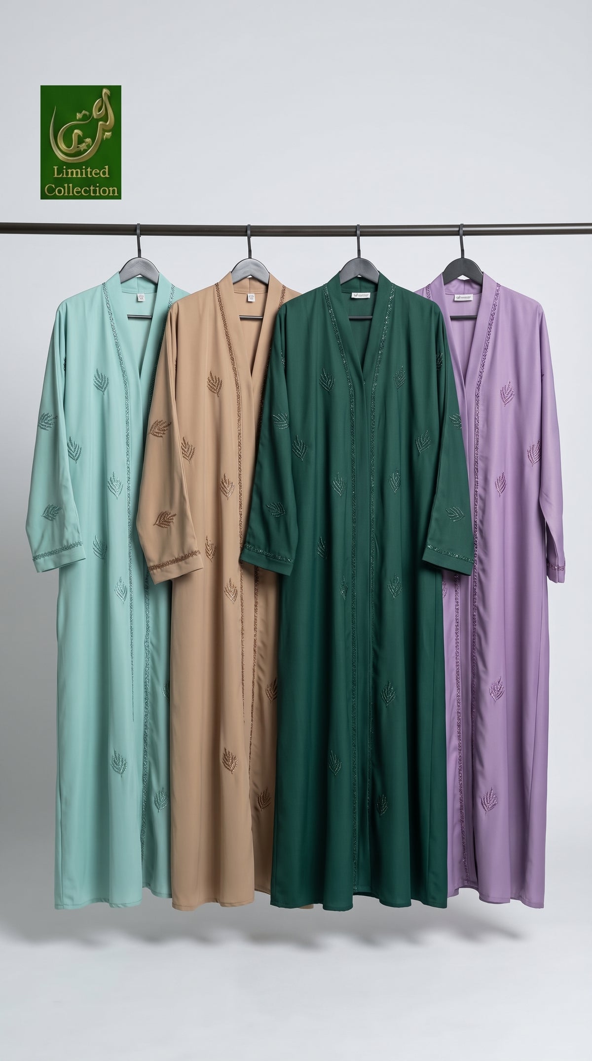 Front-Open Scattered Fern Stonework Embroidery Abaya | Premium Romantic Nida Colorful Embroidered Stone-Studded Abaya