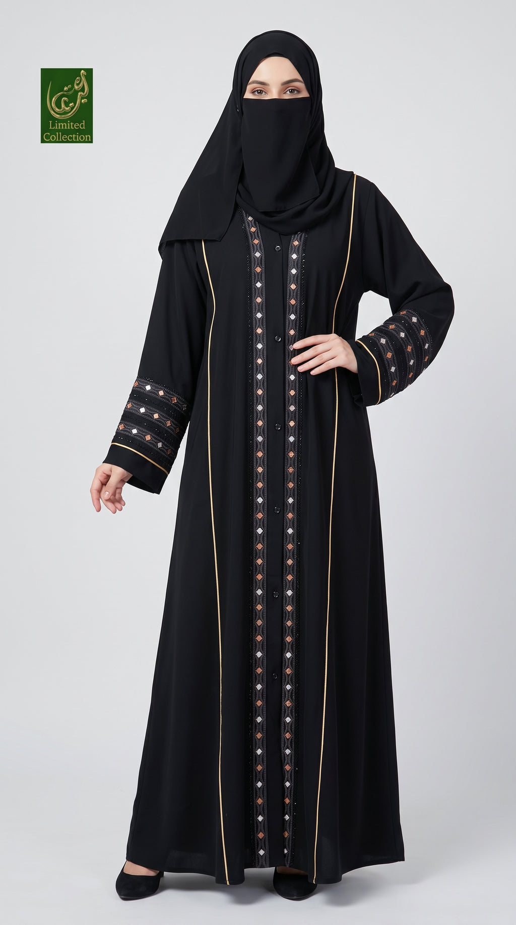 Front-Open Diamond Stripe Stonework Embroidery Abaya | Premium Korean Nida Embroidered Stonework Abaya