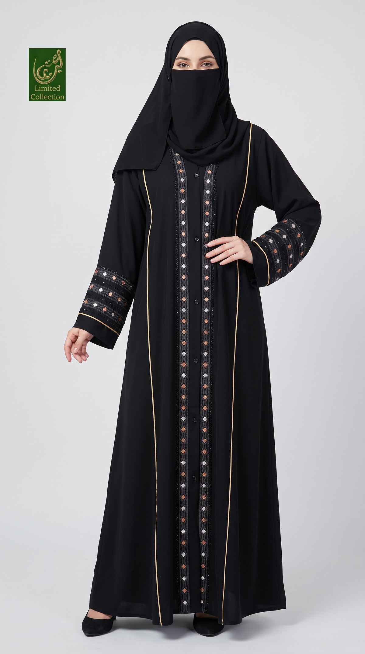 Front-Open Diamond Stripe Stonework Embroidery Abaya | Premium Korean Nida Embroidered Stonework Abaya