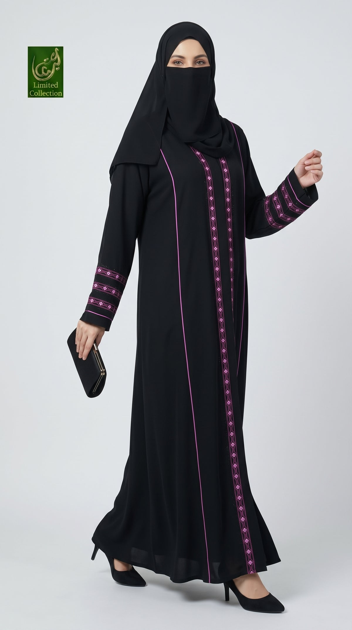 Front-Open Diamond Stripe Stonework Embroidery Abaya | Premium Korean Nida Embroidered Stonework Abaya