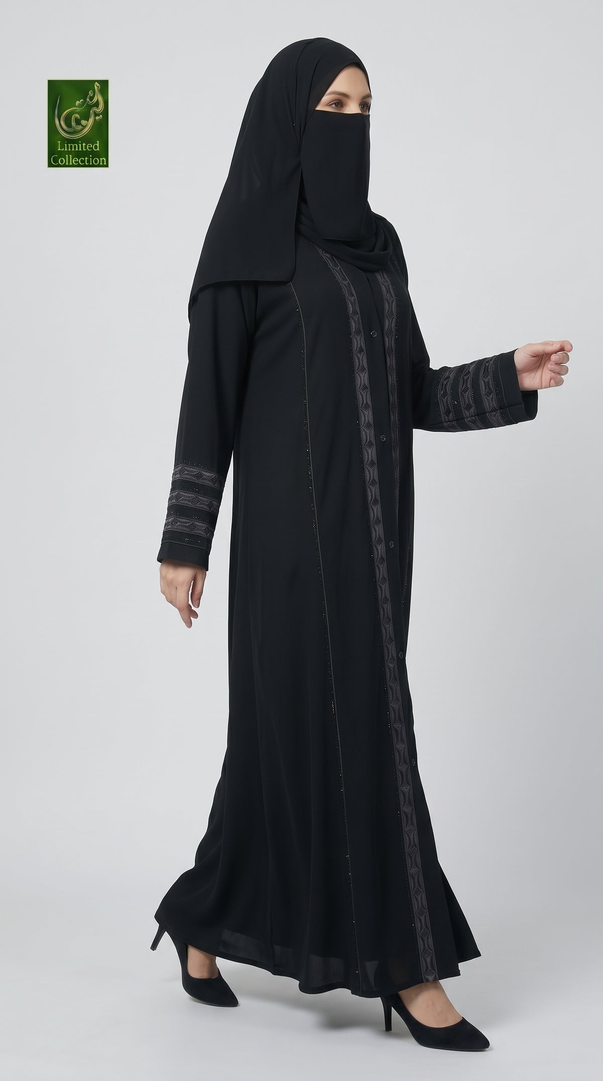 Front-Open Diamond Stripe Stonework Embroidery Abaya | Premium Korean Nida Embroidered Stonework Abaya