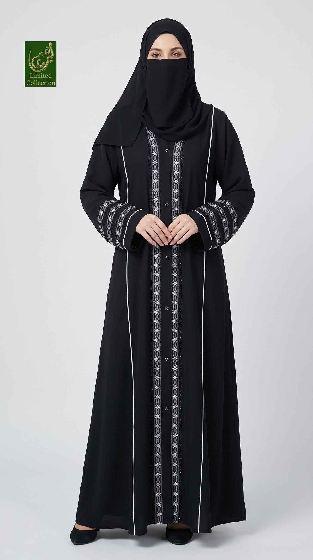 Front-Open Diamond Stripe Stonework Embroidery Abaya | Premium Korean Nida Embroidered Stonework Abaya