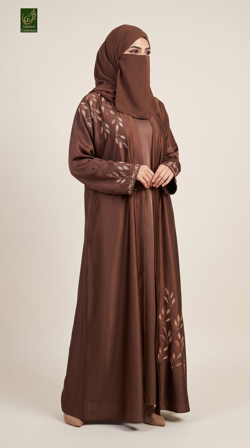 Front-Open Vine Leaf Embroidery Stonework Abaya | Premium Romantic Nida Stone-Studded Embroidered Abaya