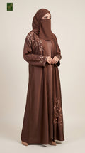 Front-Open Vine Leaf Embroidery Stonework Abaya | Premium Romantic Nida Stone-Studded Embroidered Abaya