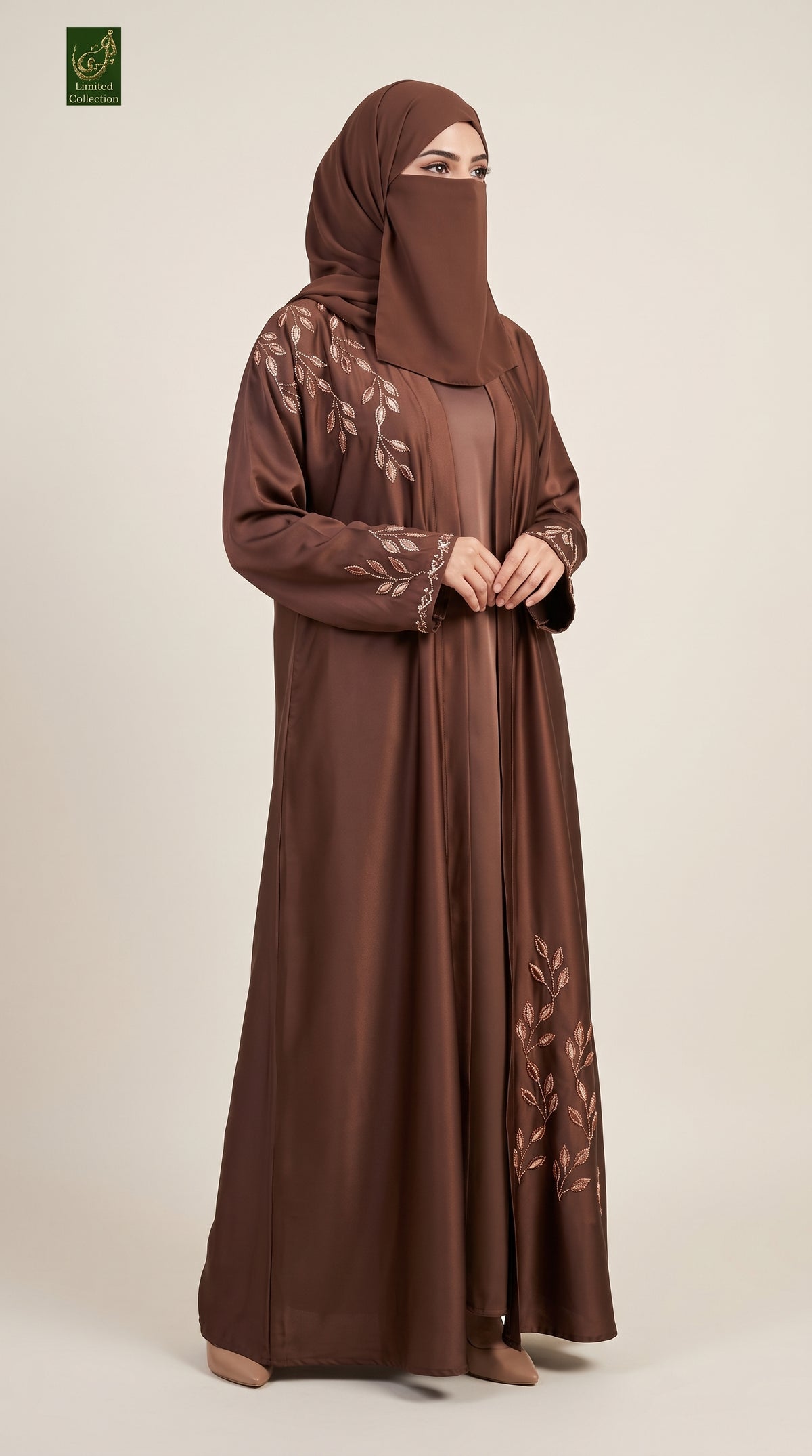 Front-Open Vine Leaf Embroidery Stonework Abaya | Premium Romantic Nida Stone-Studded Embroidered Abaya