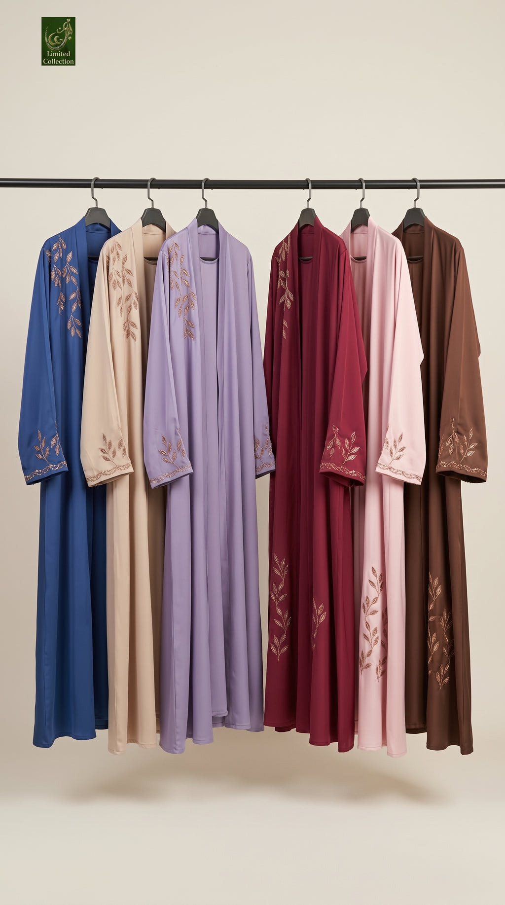 Front-Open Vine Leaf Embroidery Stonework Abaya | Premium Romantic Nida Stone-Studded Embroidered Abaya