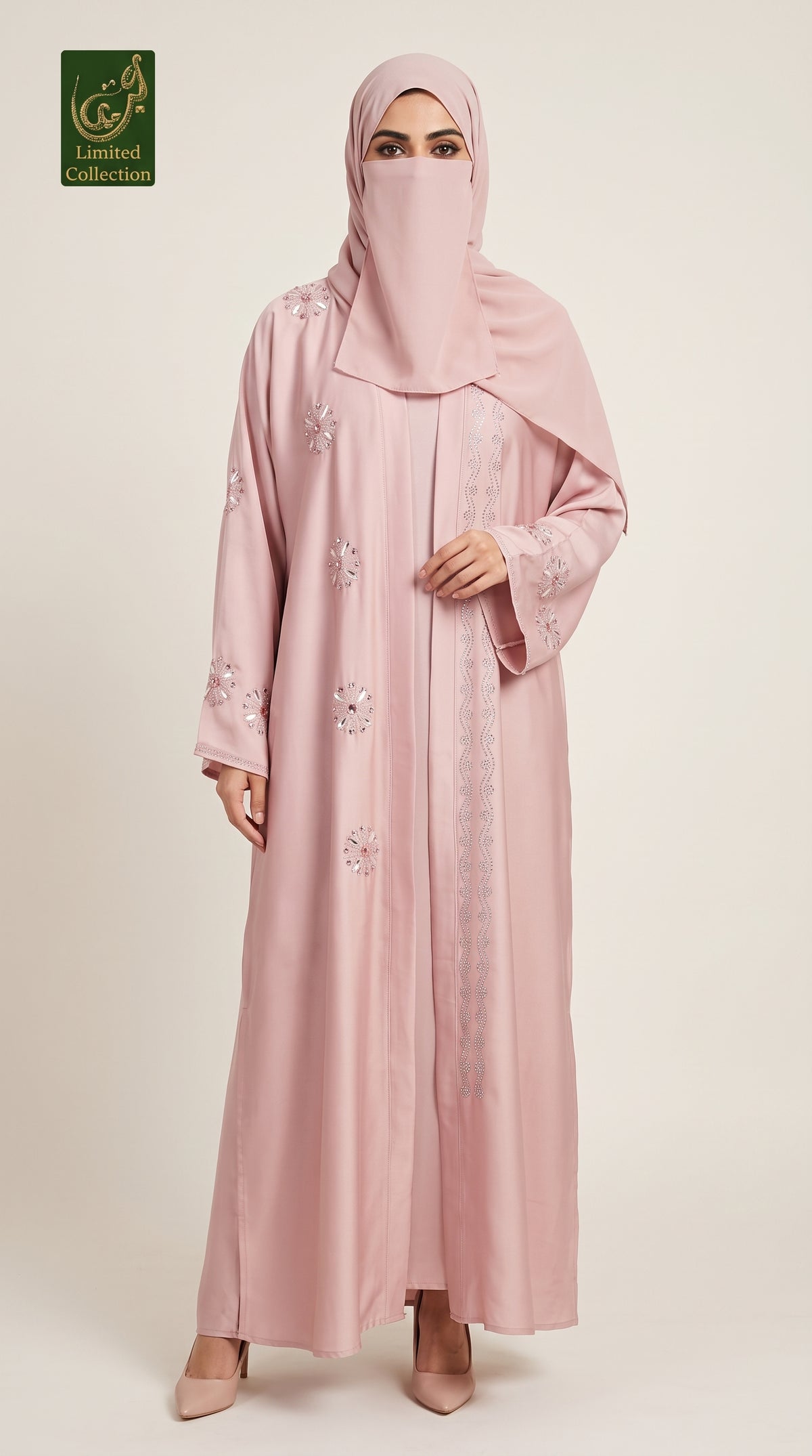 Front-Open Scattered Sparkles Embroidered Stonework Black Abaya | Premium Romantic Nida Stone-Studded Embroidery Abaya
