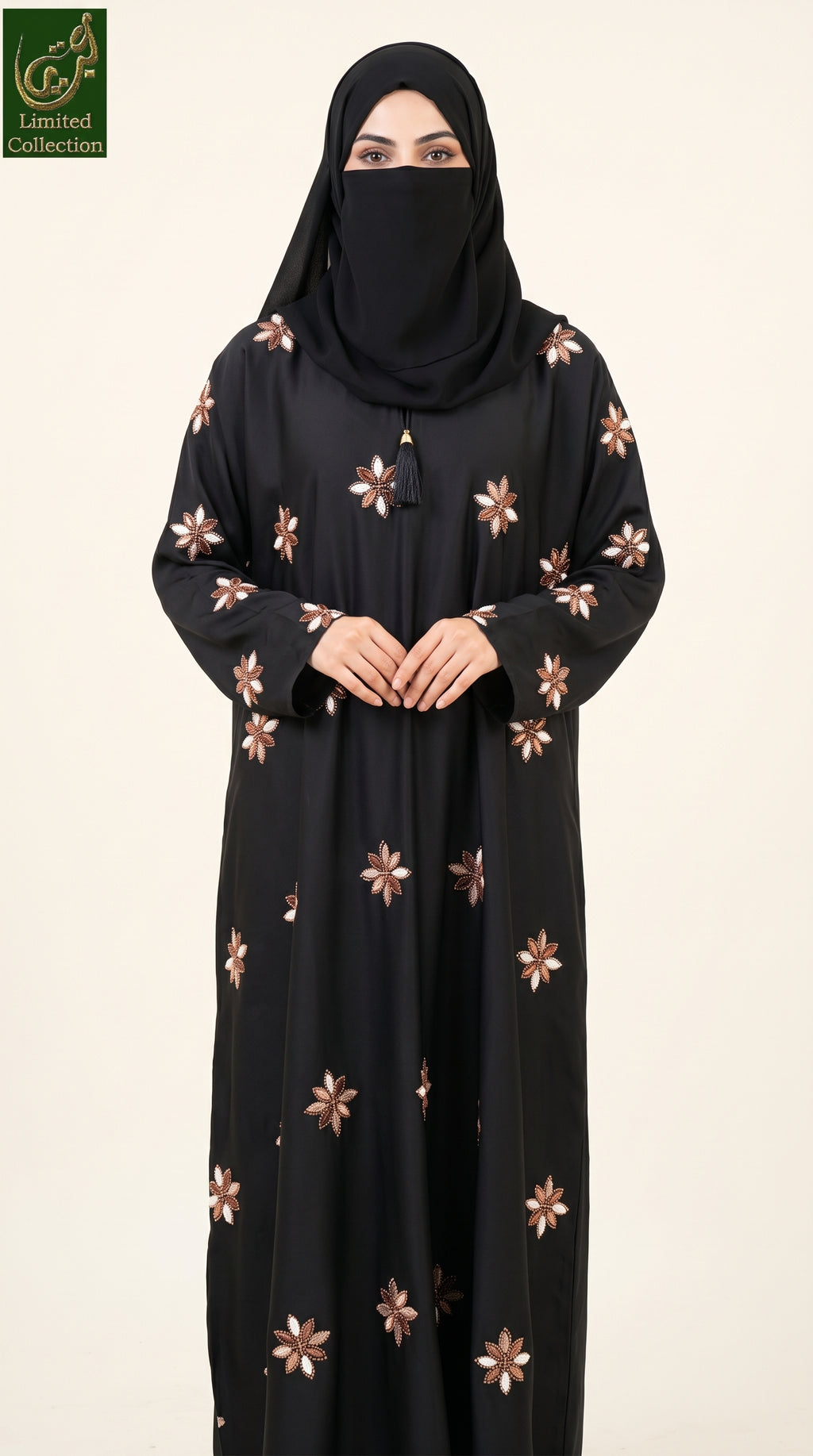Front-Open Starflower Stonework Embroidered Black Abaya | Premium Nida Black Embroidered Stone-Studded Abaya