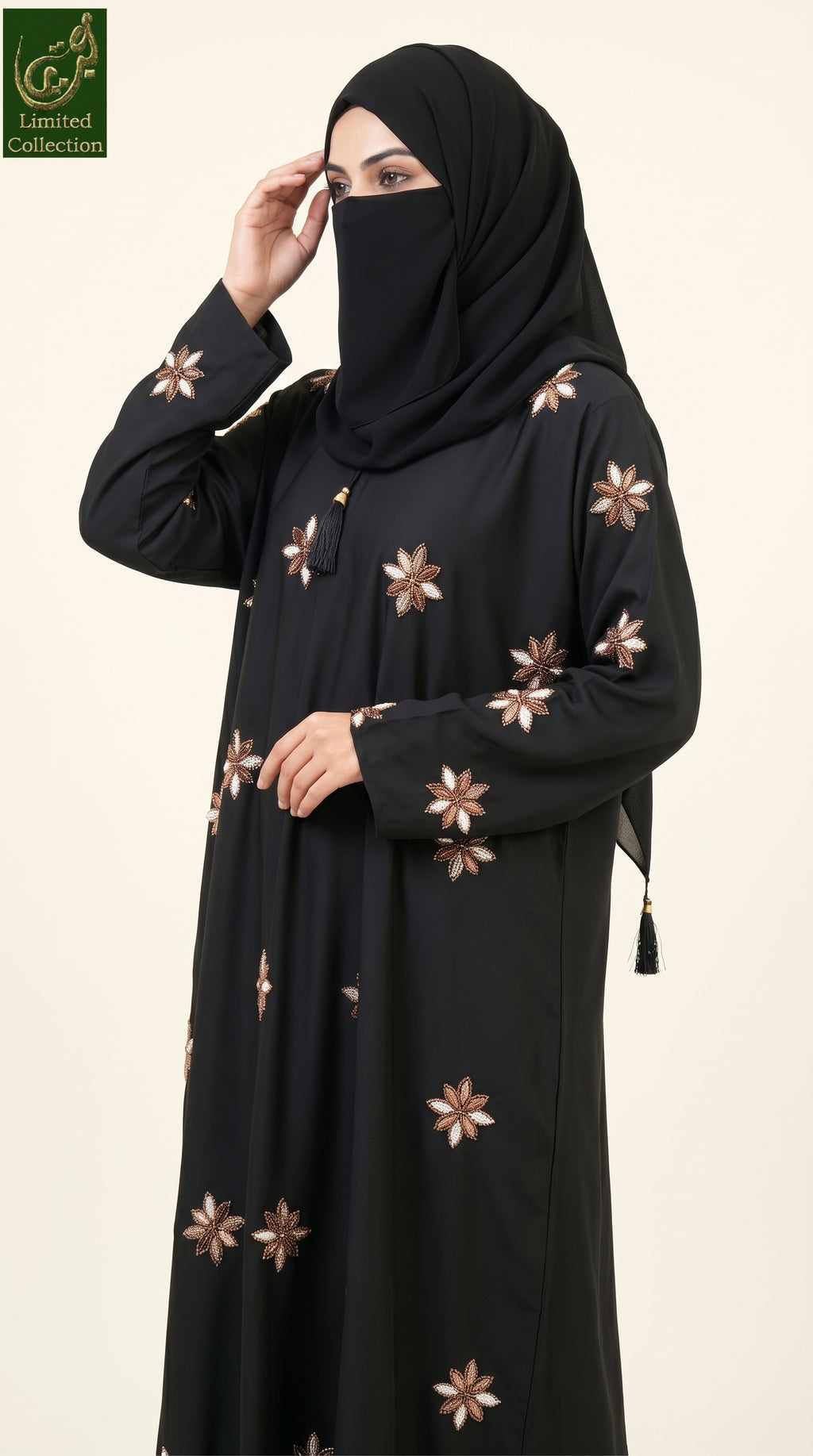 Front-Open Starflower Stonework Embroidered Black Abaya | Premium Nida Black Embroidered Stone-Studded Abaya