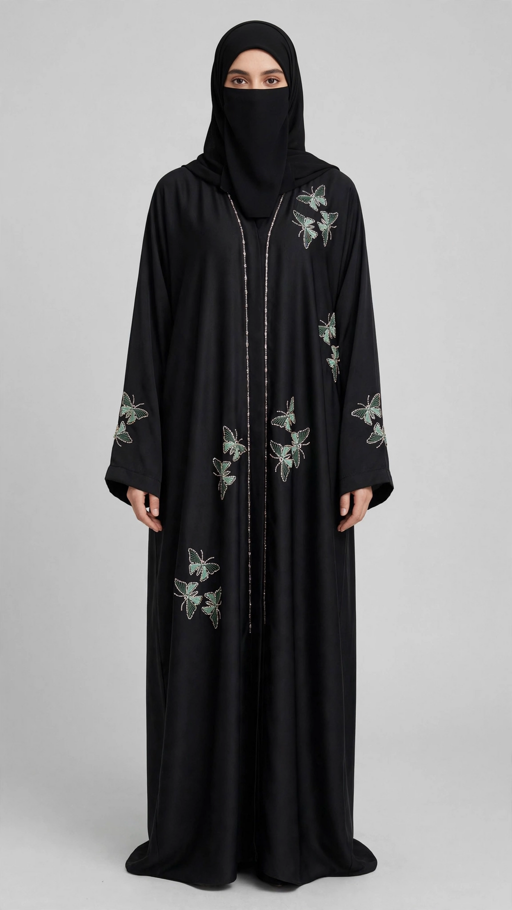 Front-Open Stonework Embroidery Abaya | Premium Romantic Nida Embroidered Stone-Studded Abaya