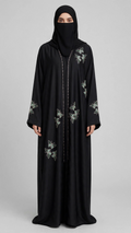 Front-Open Stonework Embroidery Abaya | Premium Romantic Nida Embroidered Stone-Studded Abaya