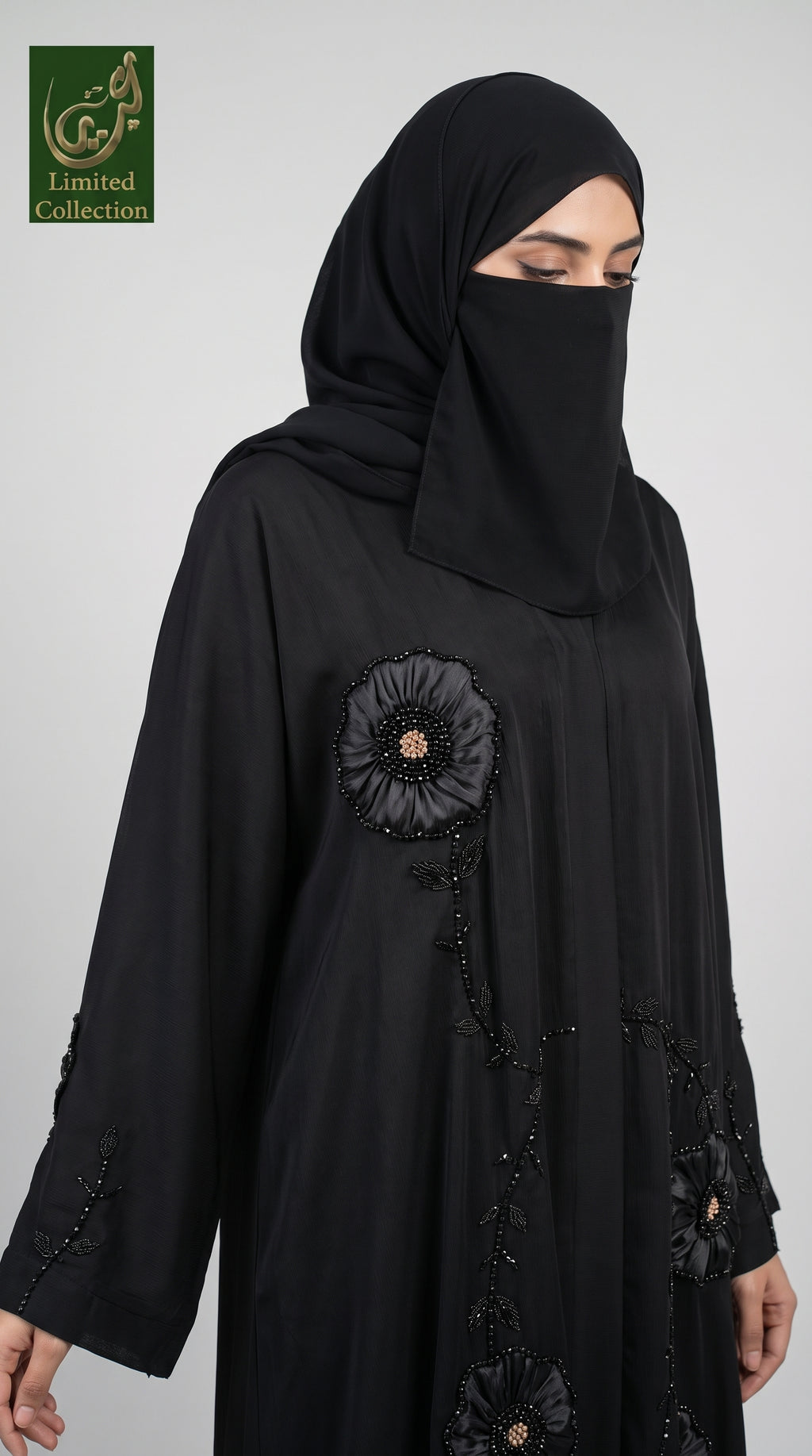 Front-Open Tissue Beaded Handwork Floral Abaya | Premium Romantic Nida Cutdana Floral Abaya