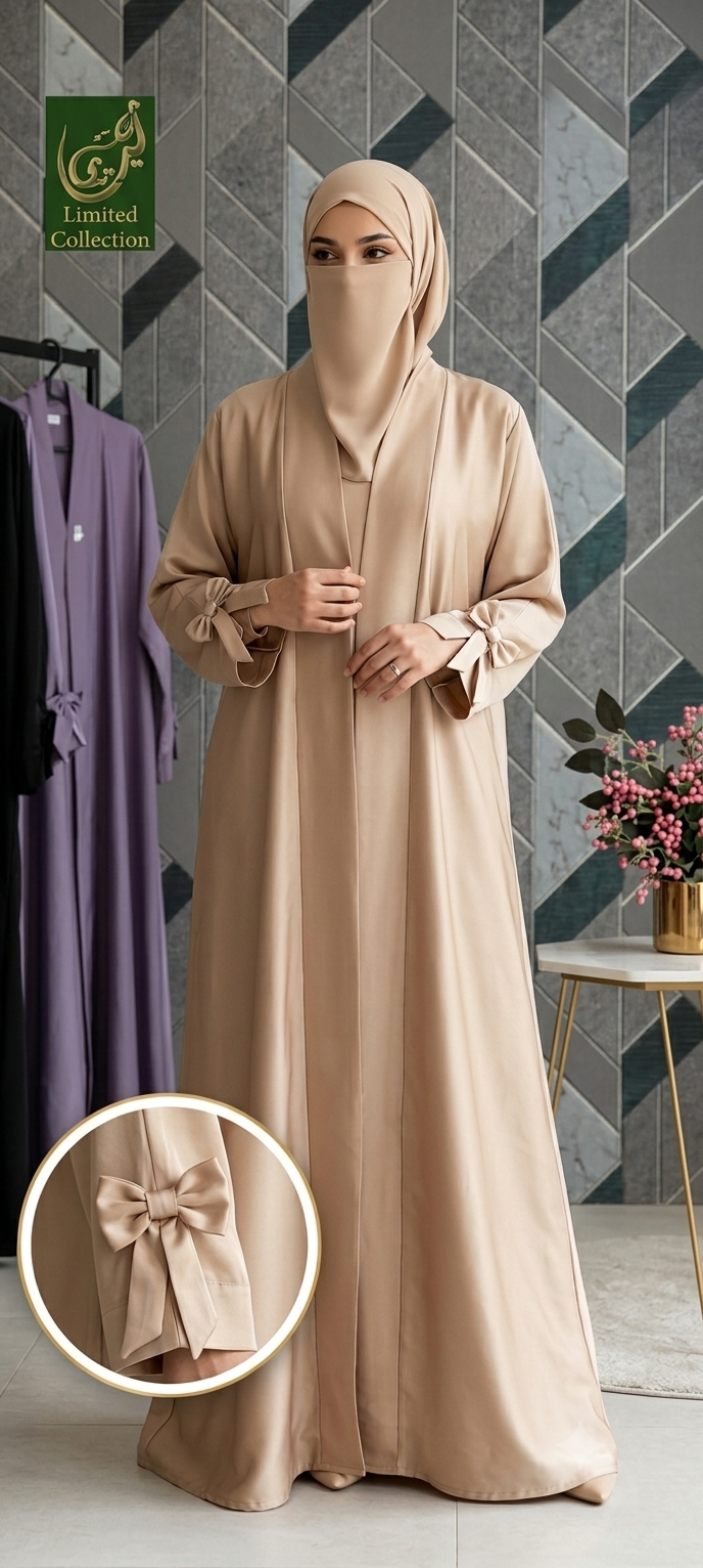 Front-Open Dubai Collar Abaya With Bow-Tie Cuffs